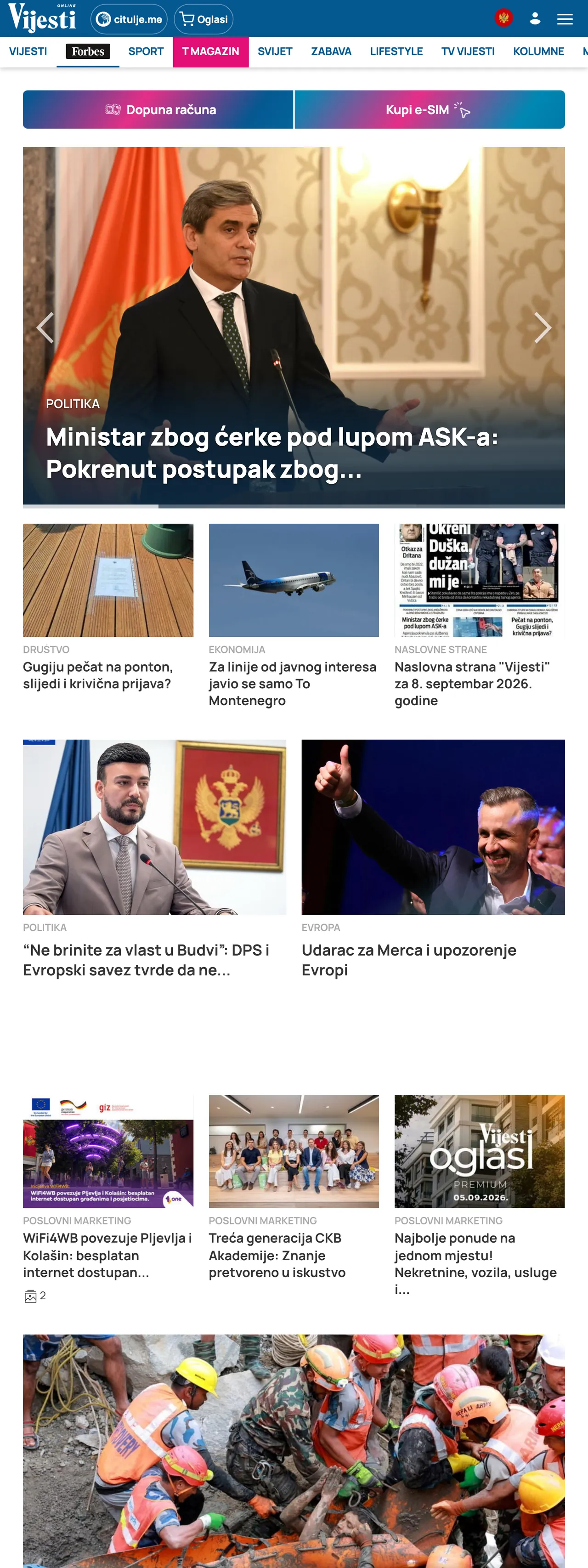 Screenshot of the Vijesti front page