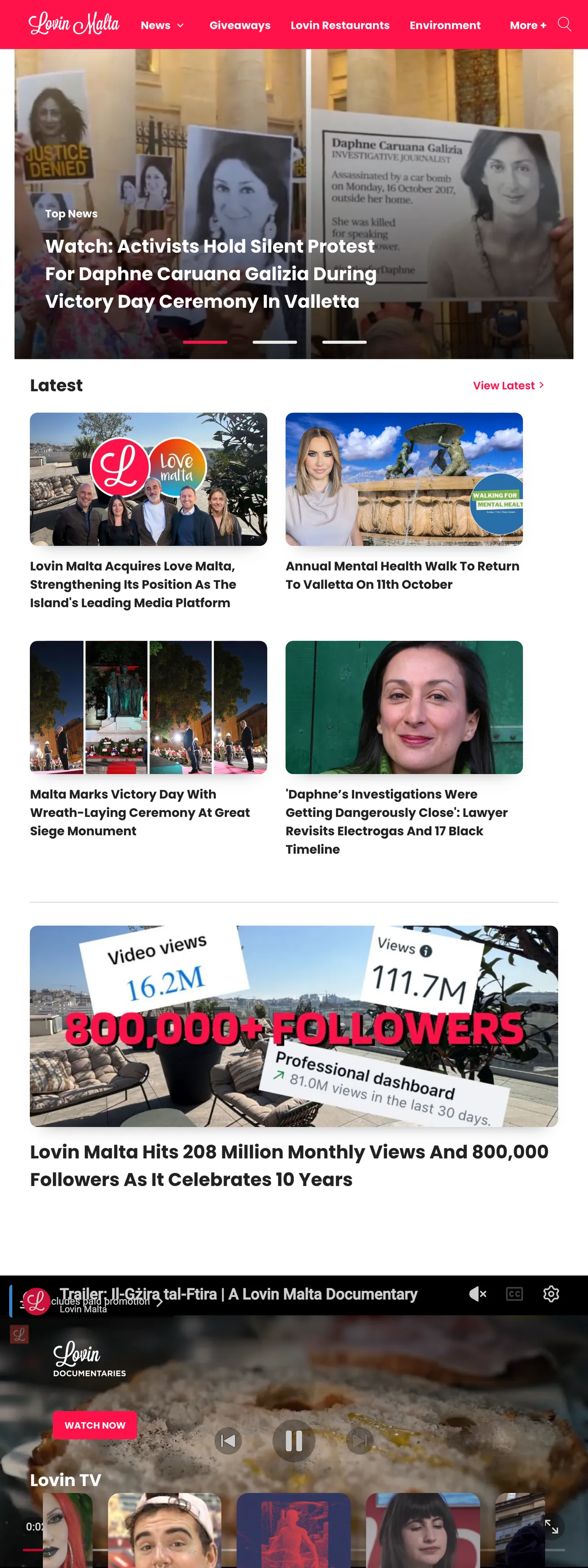 Screenshot of the Lovin Malta front page