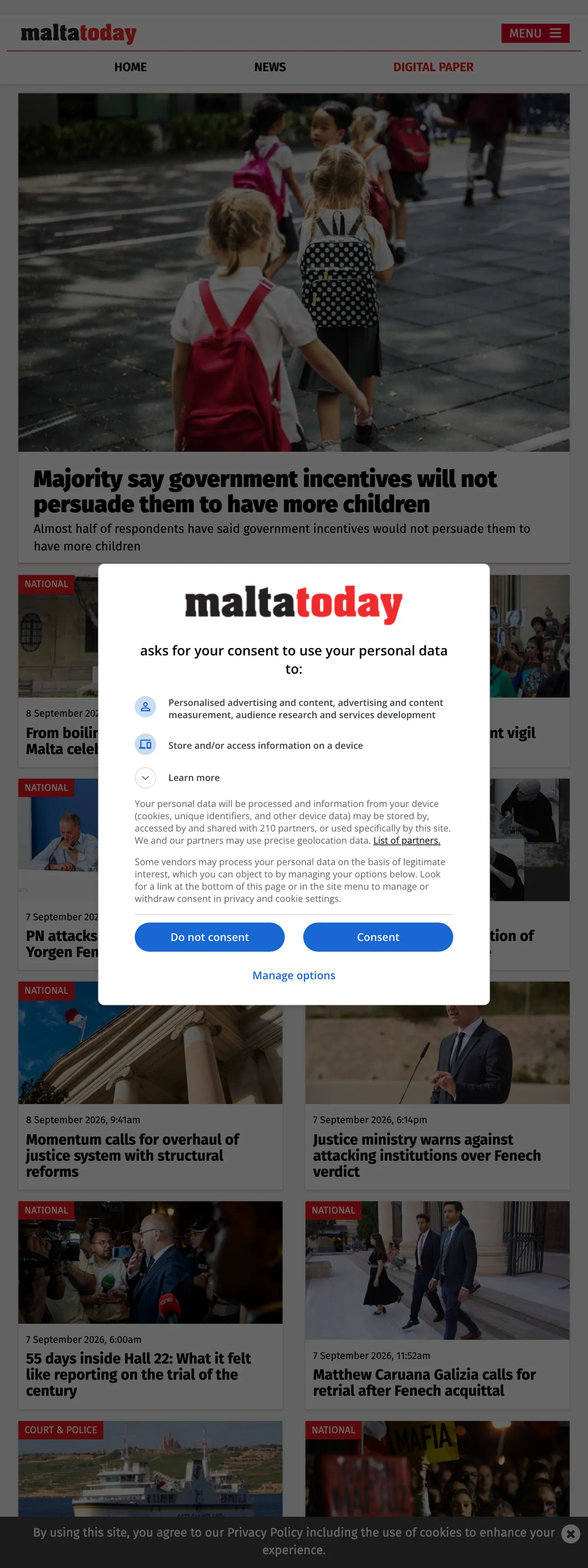 Screenshot of the Malta Today front page