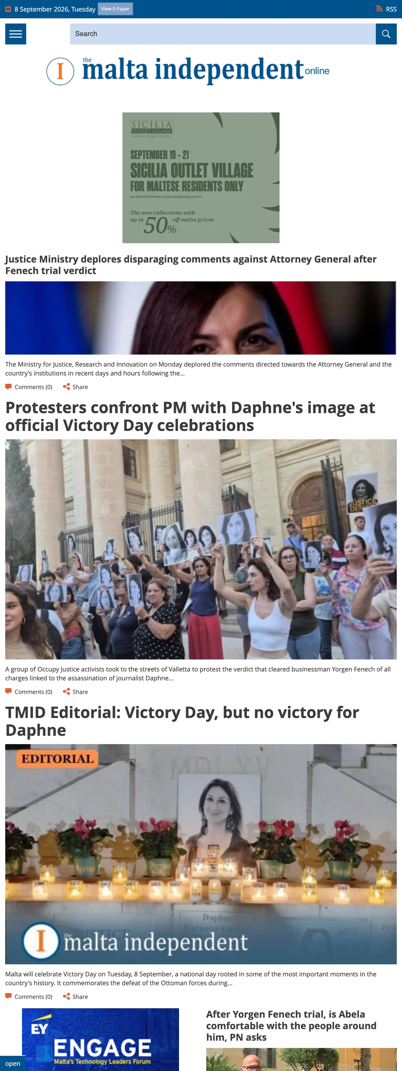 Screenshot of the The Malta Independent front page