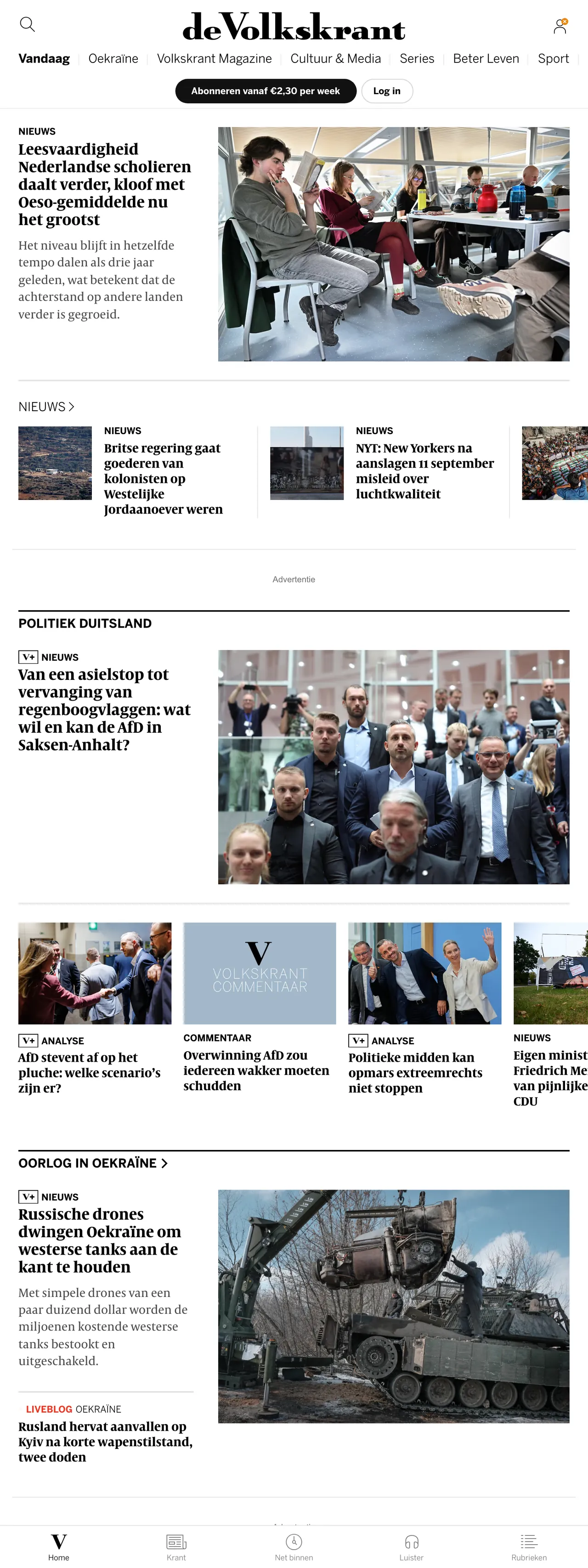 Screenshot of the de Volkskrant front page
