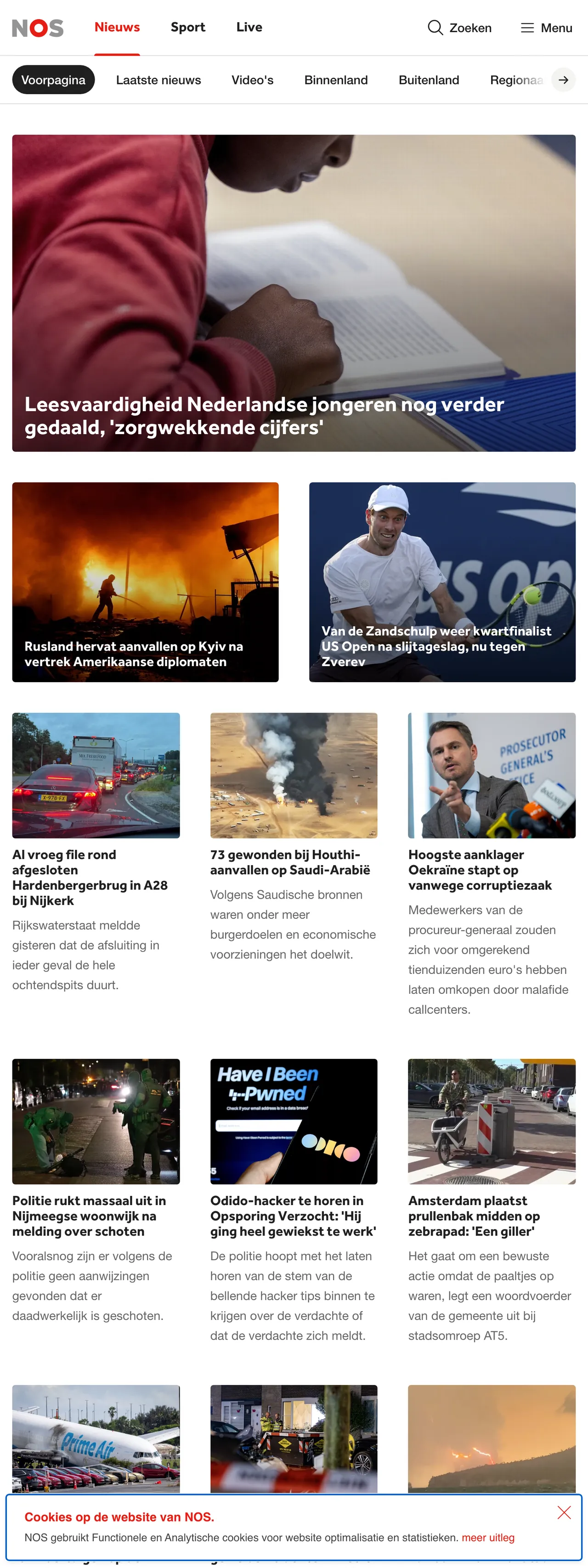Screenshot of the NOS front page