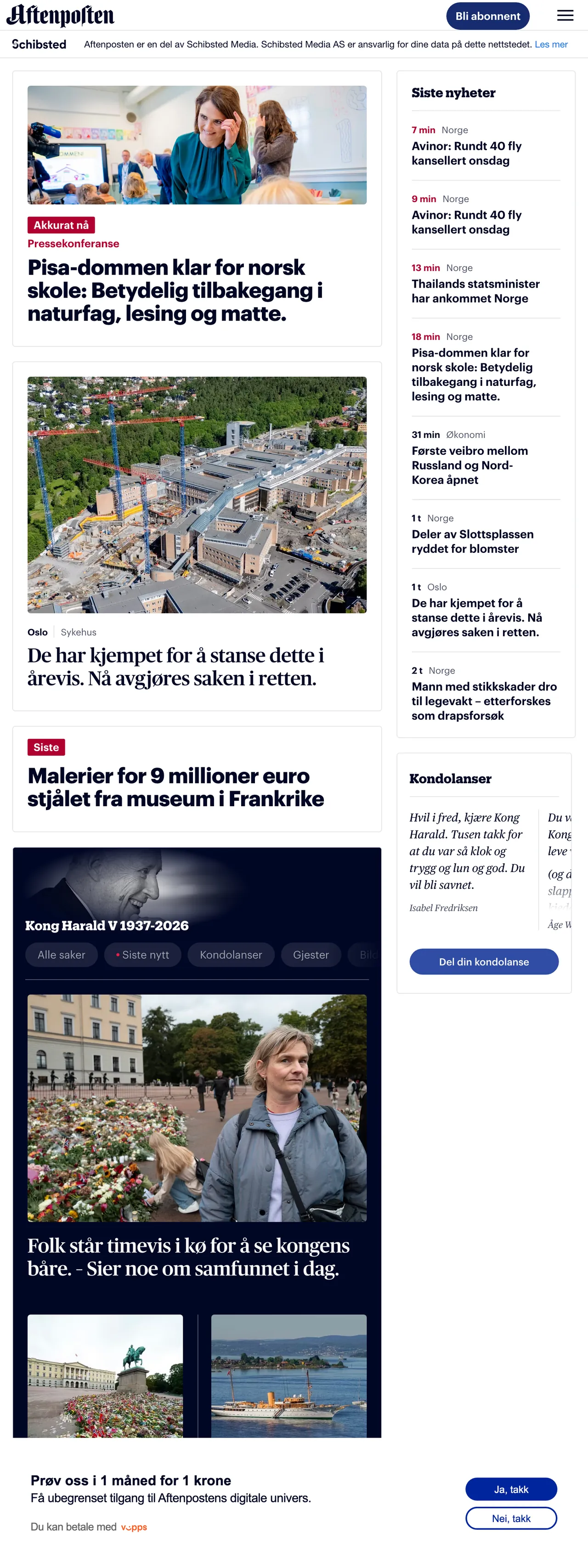 Screenshot of the Aftenposten front page