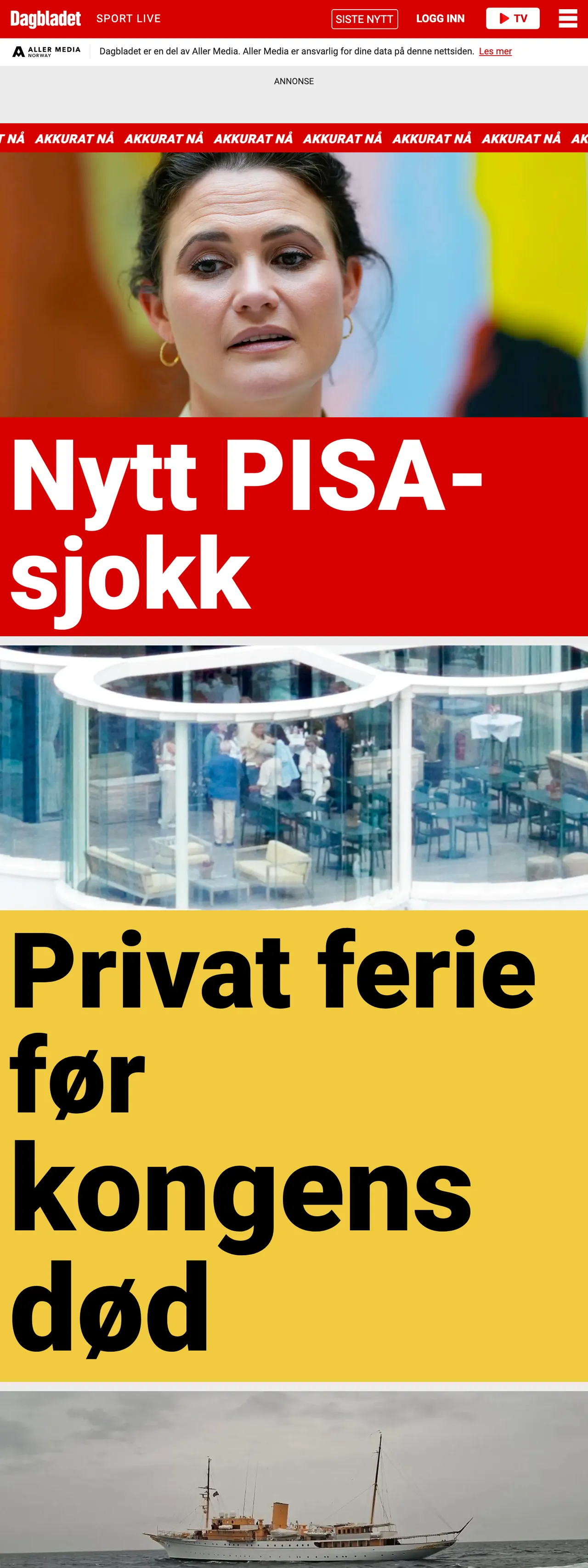 Screenshot of the Dagbladet front page