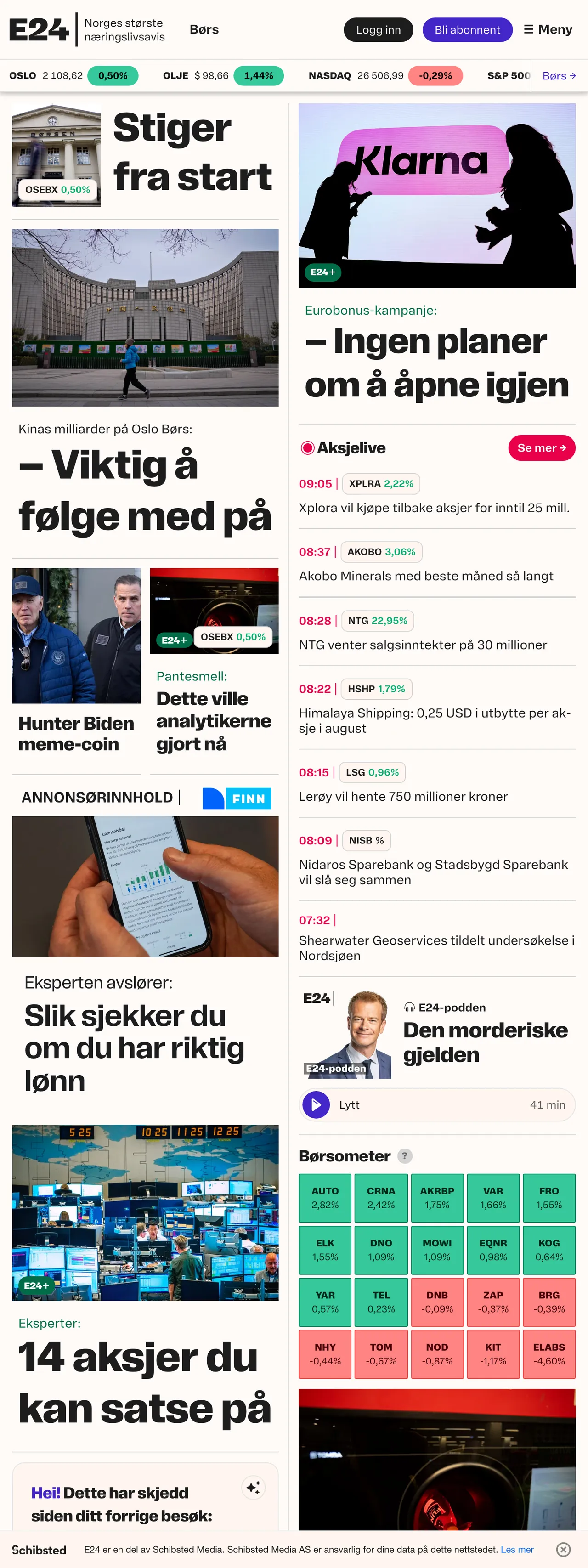 Screenshot of the E24 front page