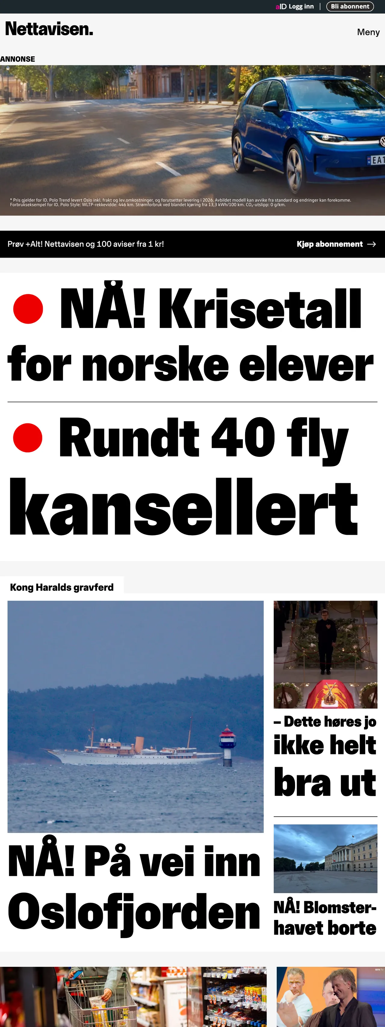 Screenshot of the Nettavisen front page
