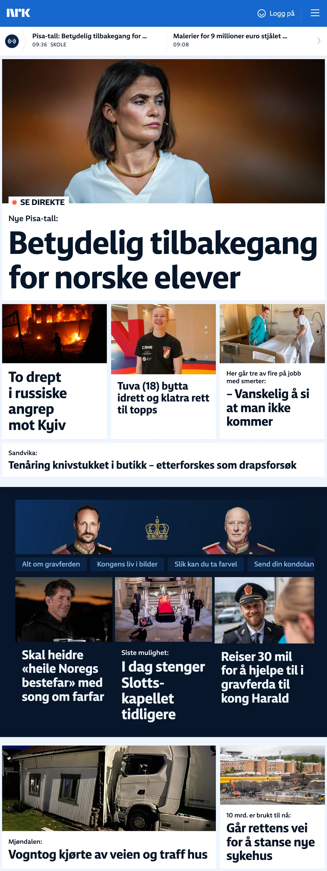 Screenshot of the NRK front page