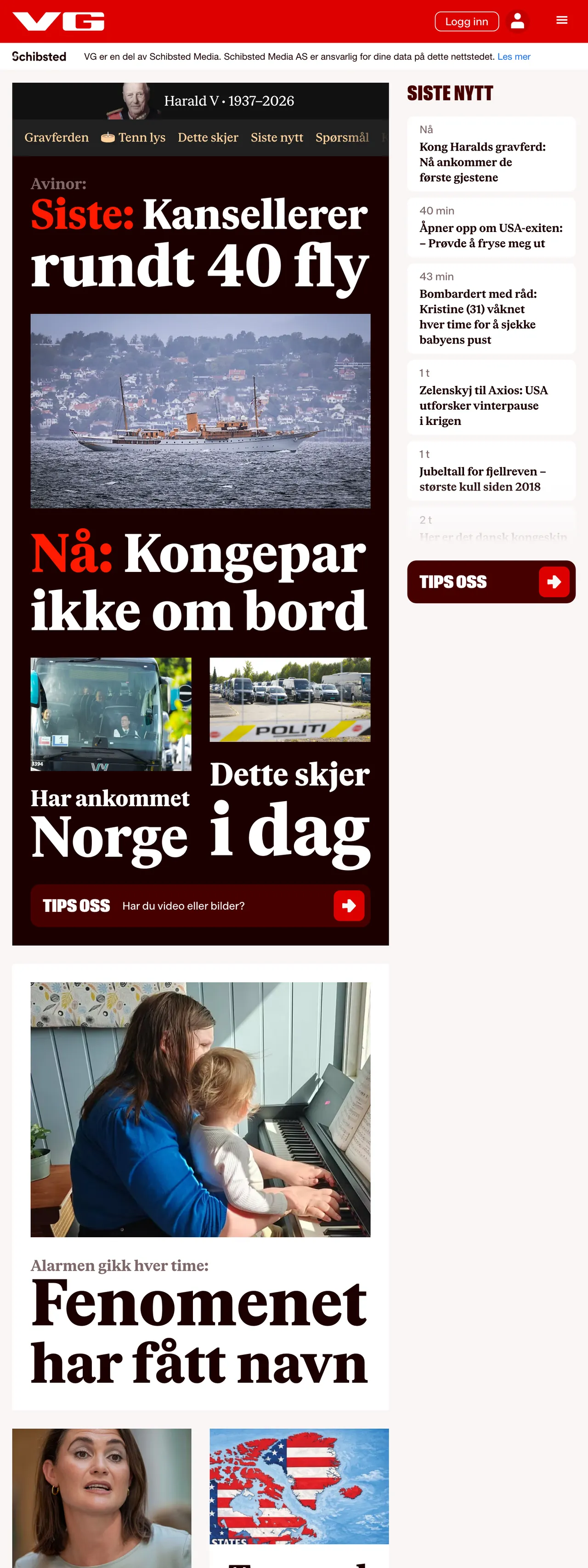 Screenshot of the VG front page