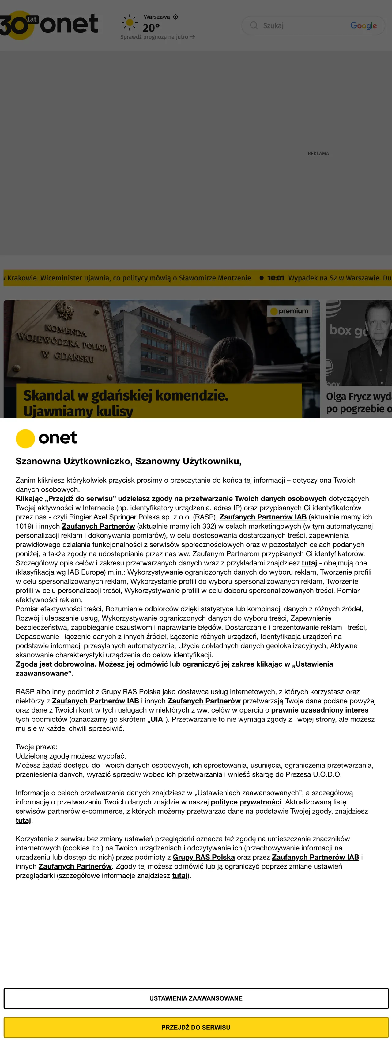 Screenshot of the Onet front page