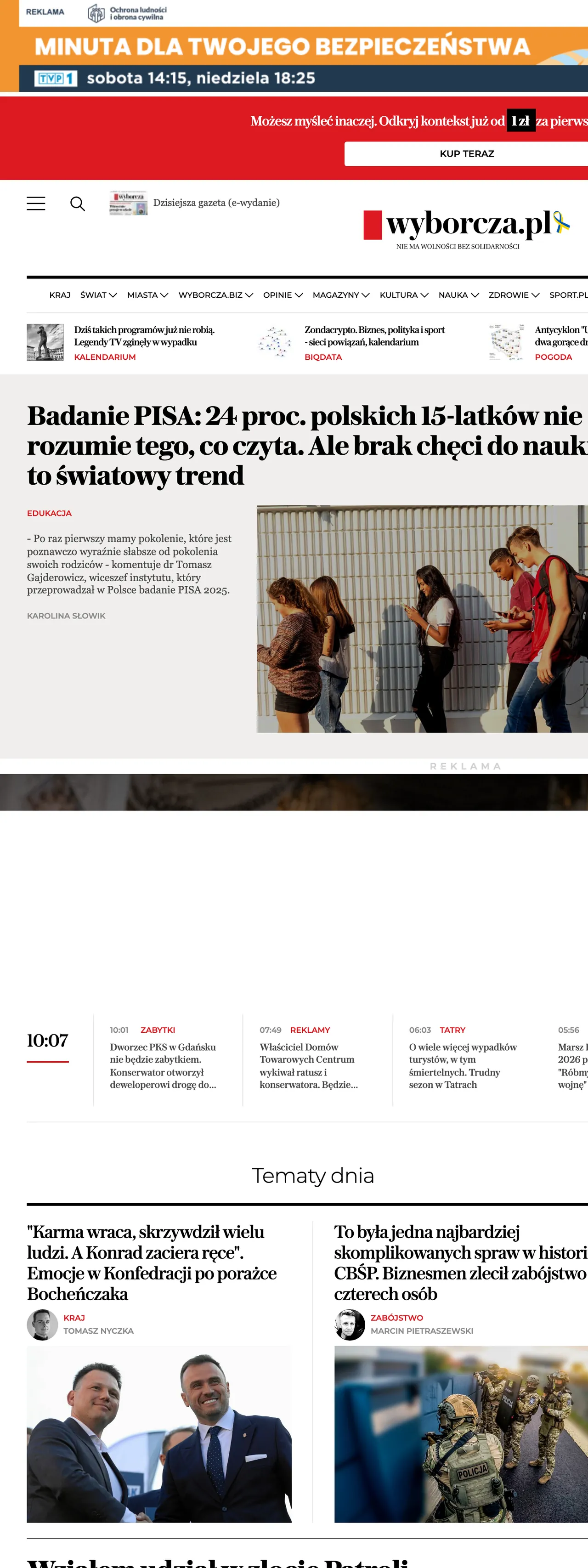 Screenshot of the Wyborcza front page