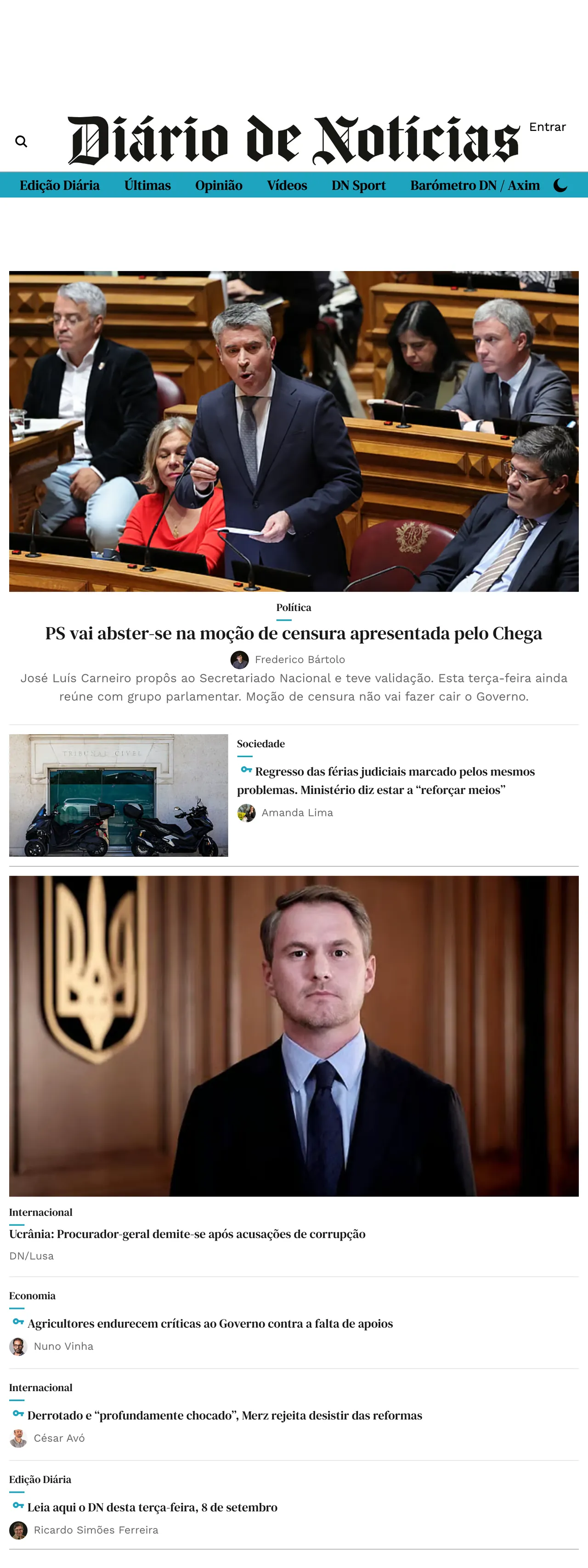 Screenshot of the Diário de Notícias front page