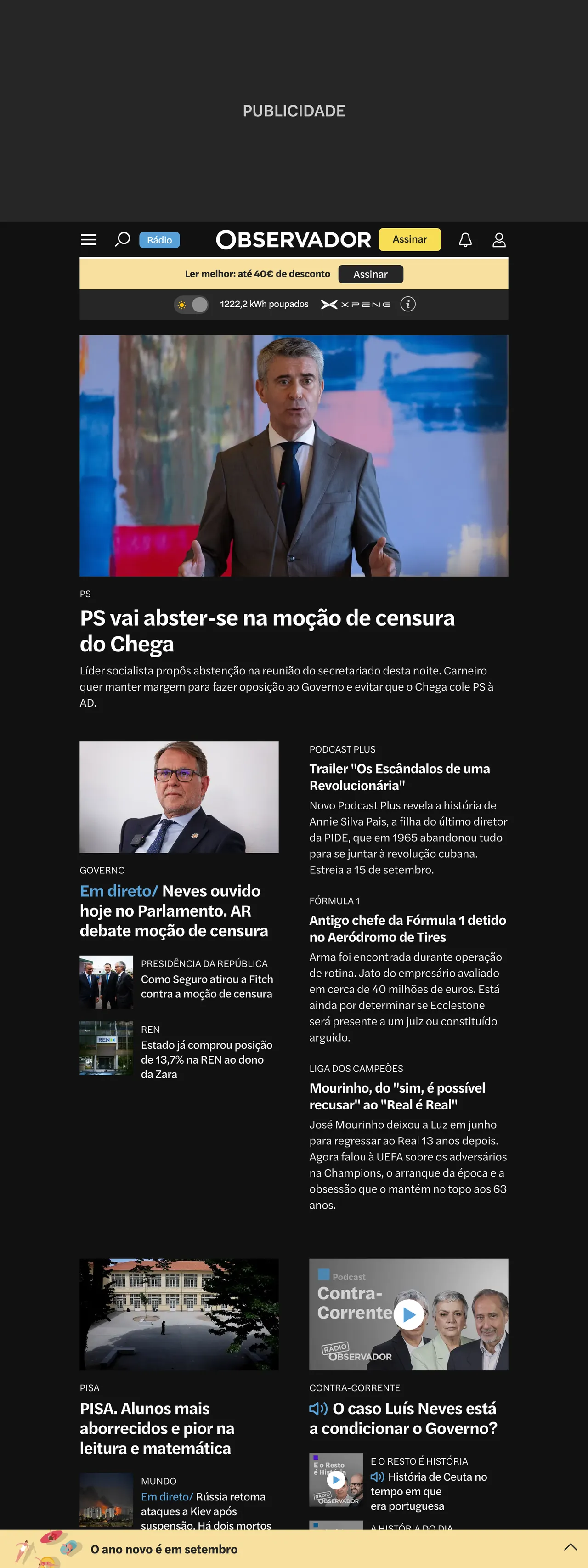 Screenshot of the Observador front page