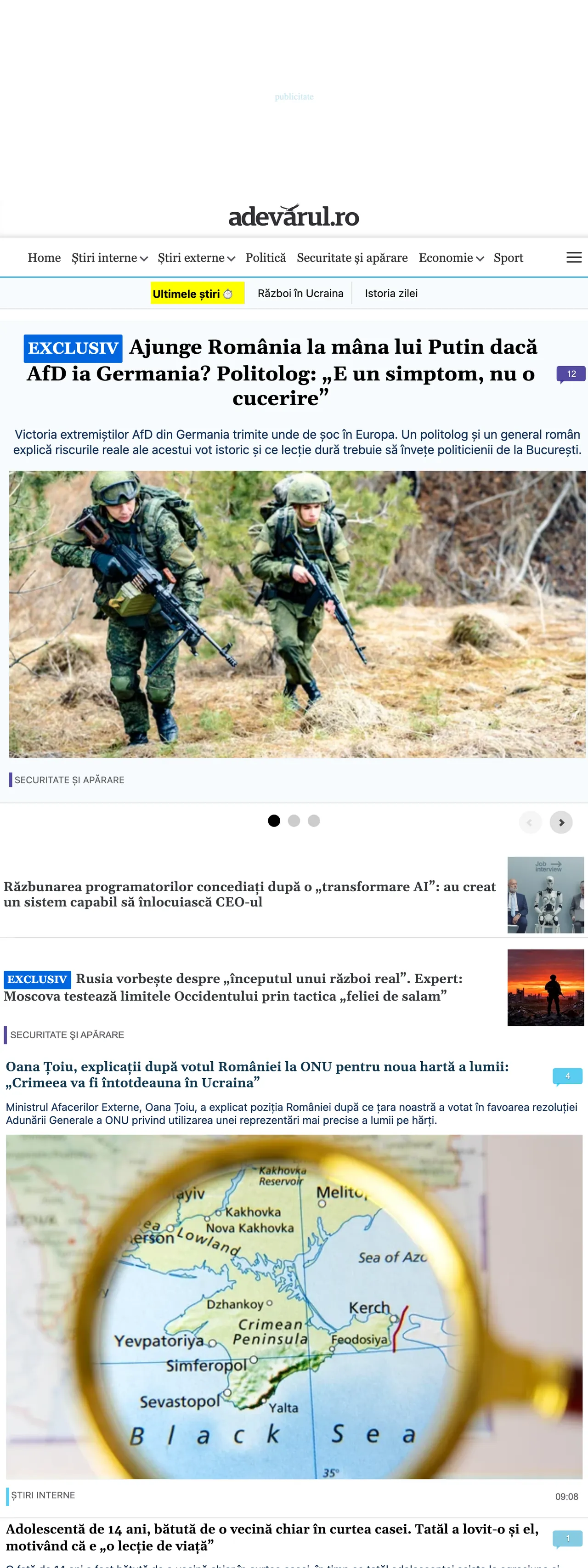 Screenshot of the Adevărul front page