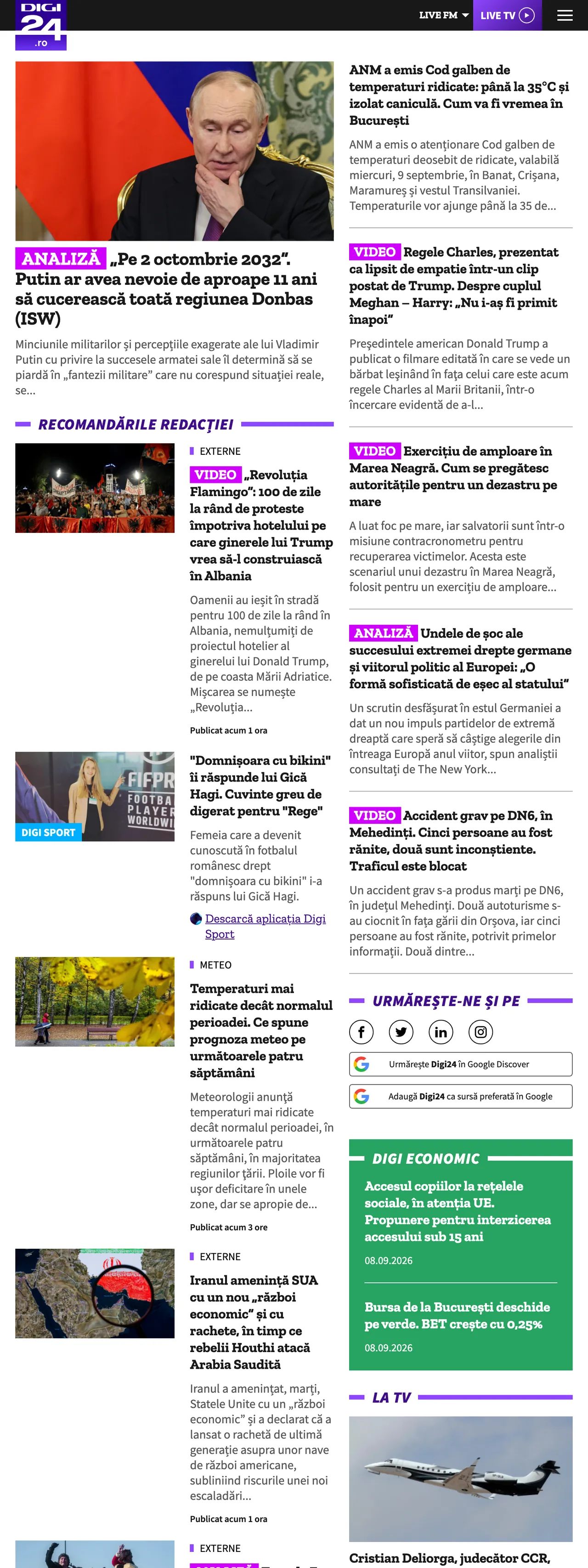 Screenshot of the Digi24 front page