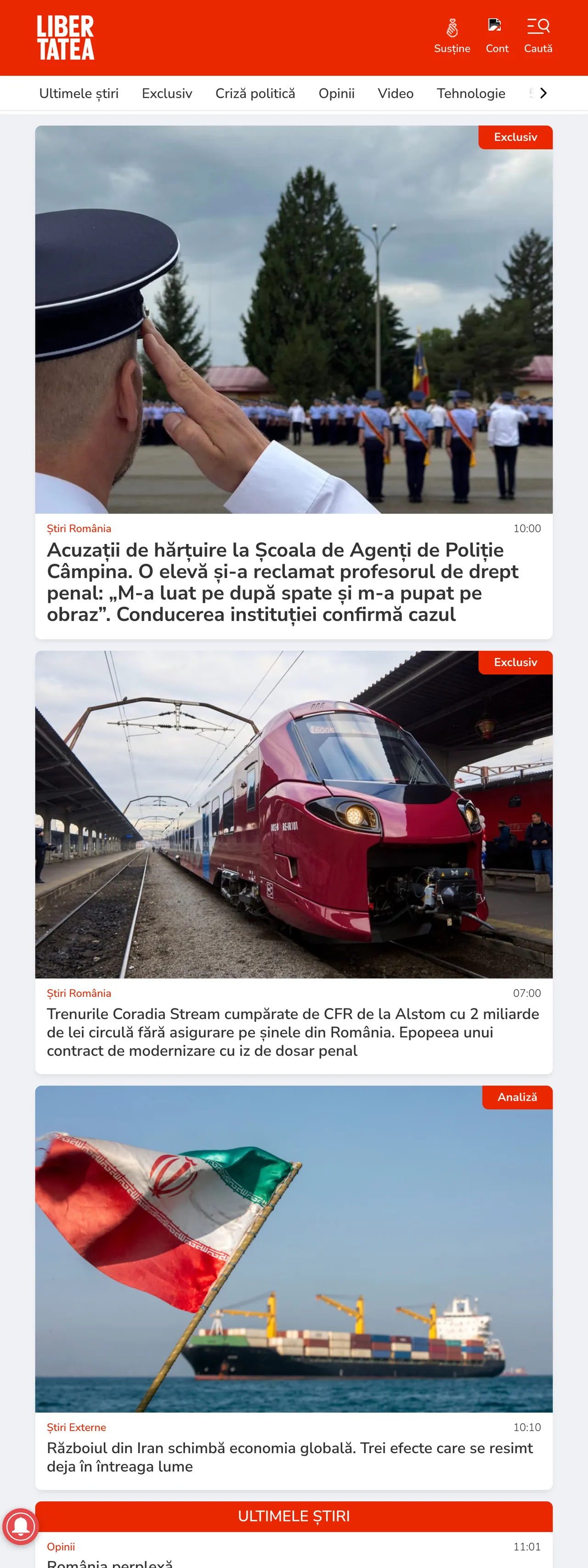 Screenshot of the Libertatea front page