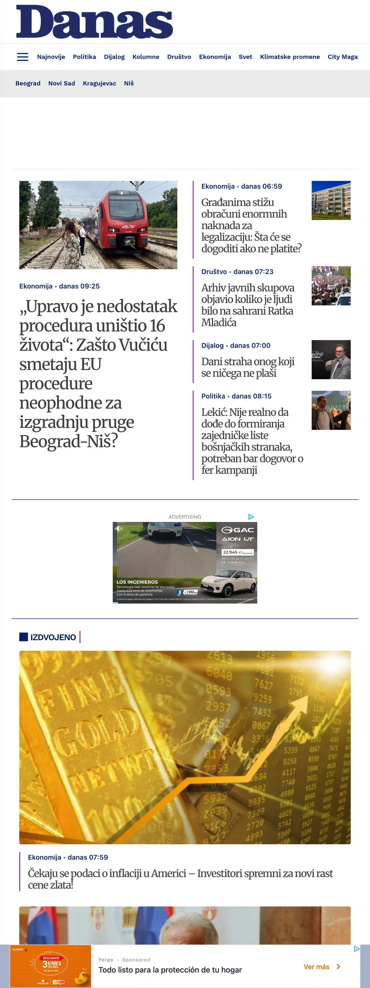 Screenshot of the Danas front page