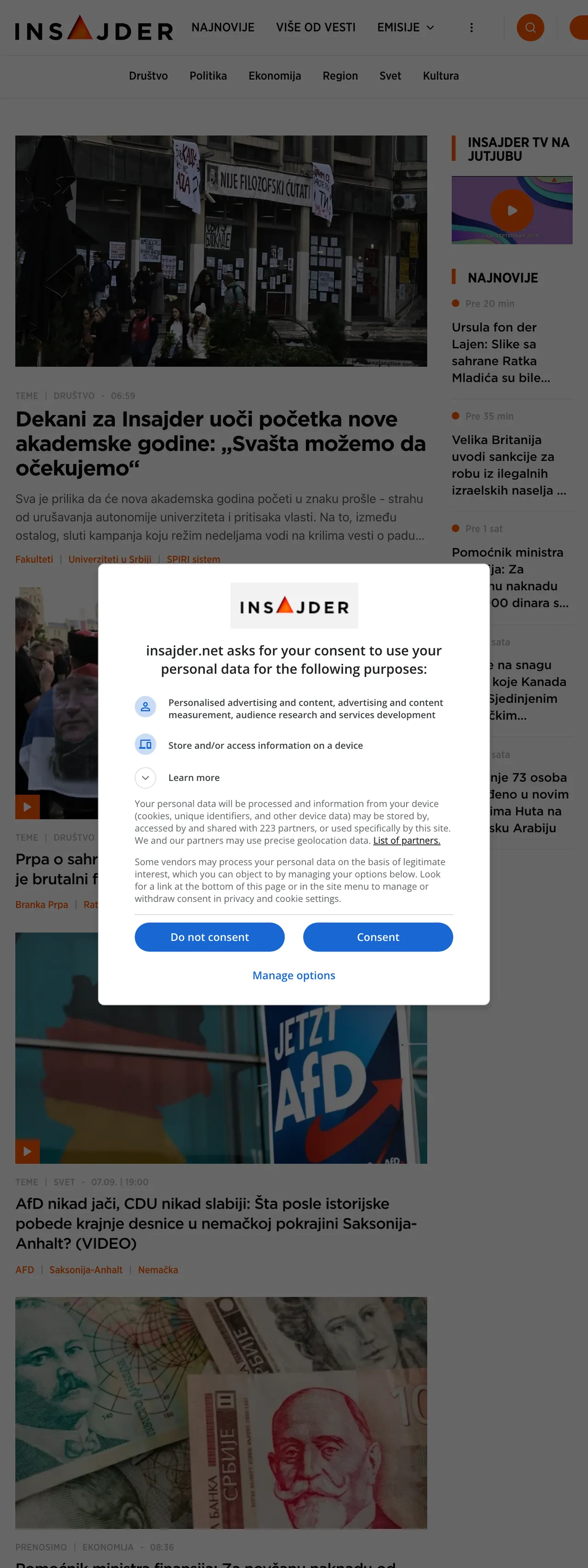 Screenshot of the Insajder front page