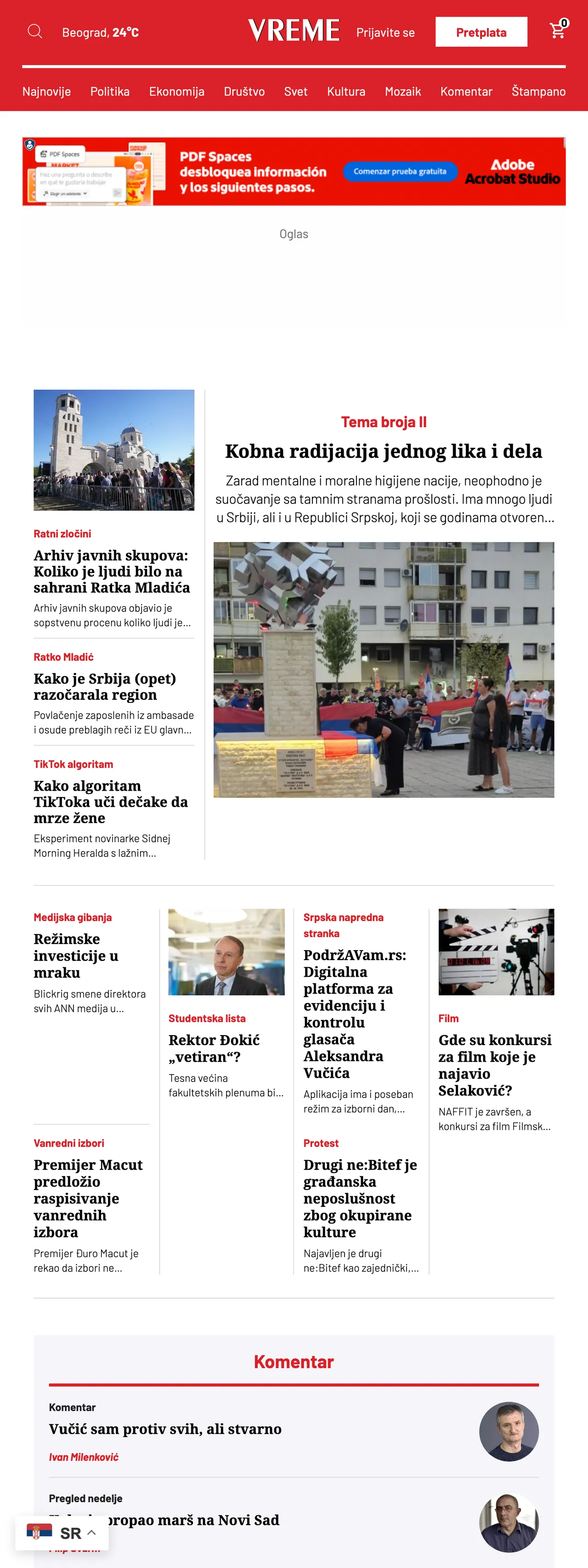 Screenshot of the Vreme front page