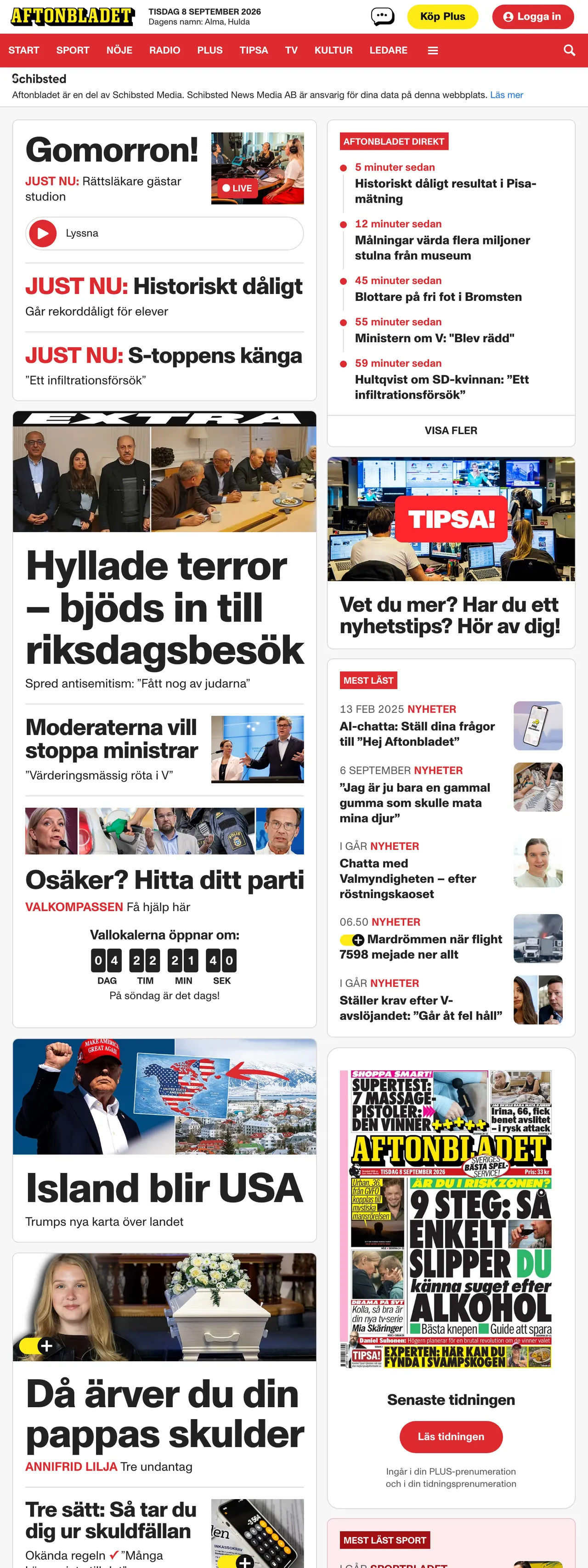 Screenshot of the Aftonbladet front page