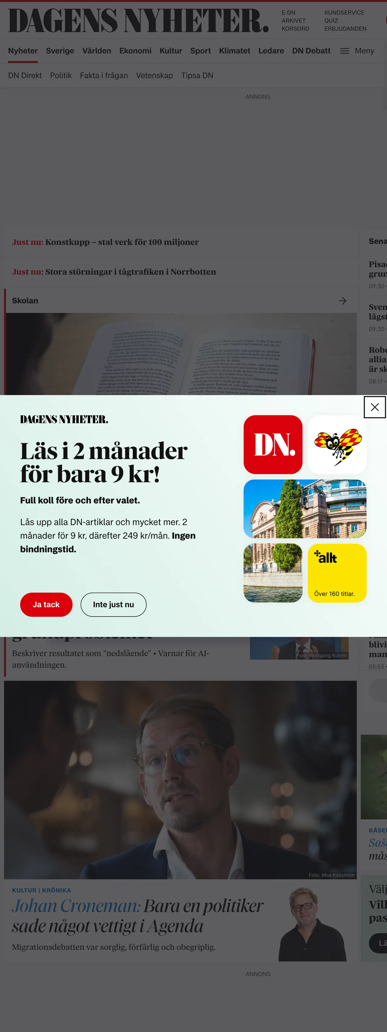 Screenshot of the Dagens Nyheter front page