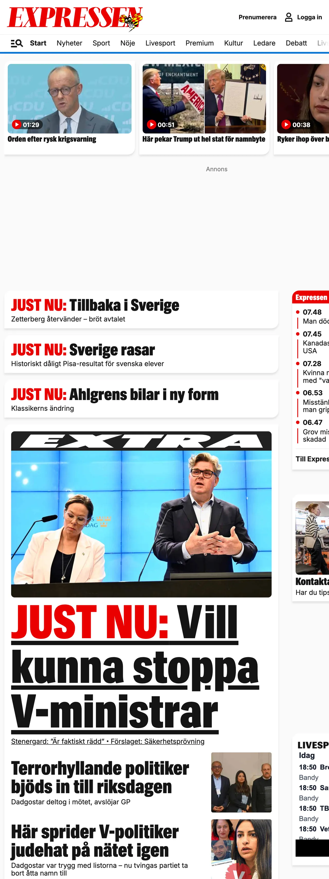 Screenshot of the Expressen front page