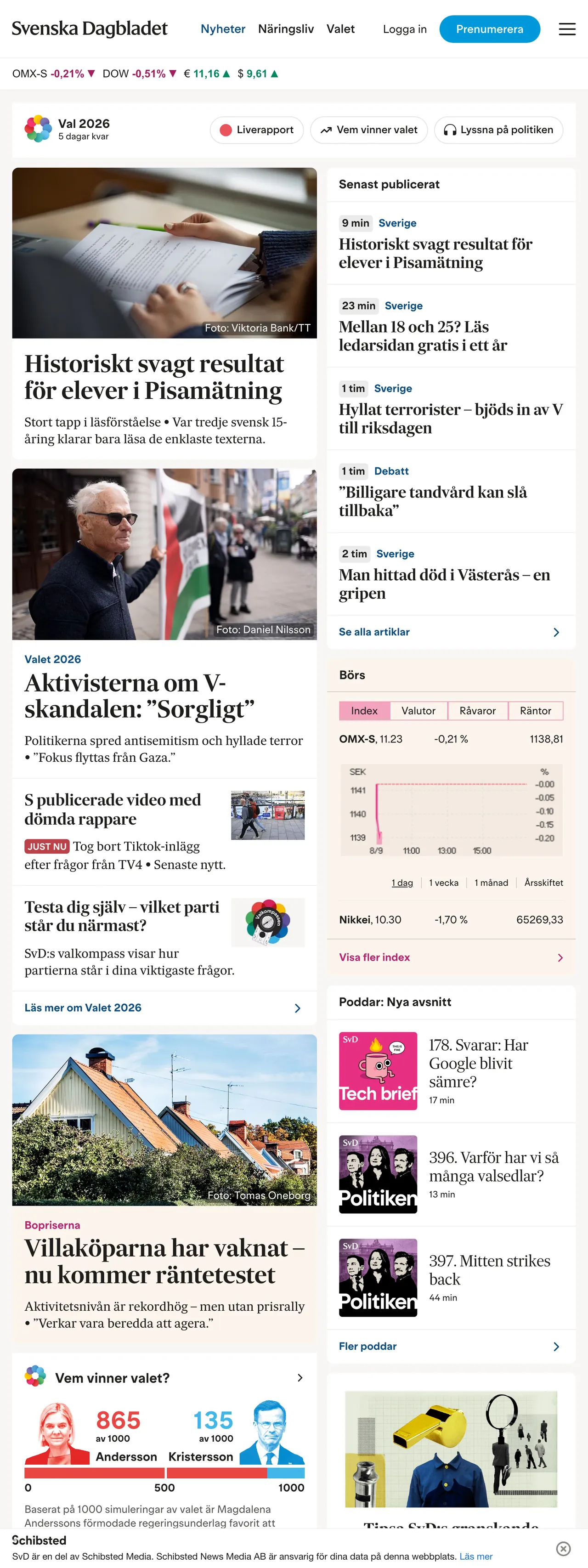 Screenshot of the Svenska Dagbladet front page