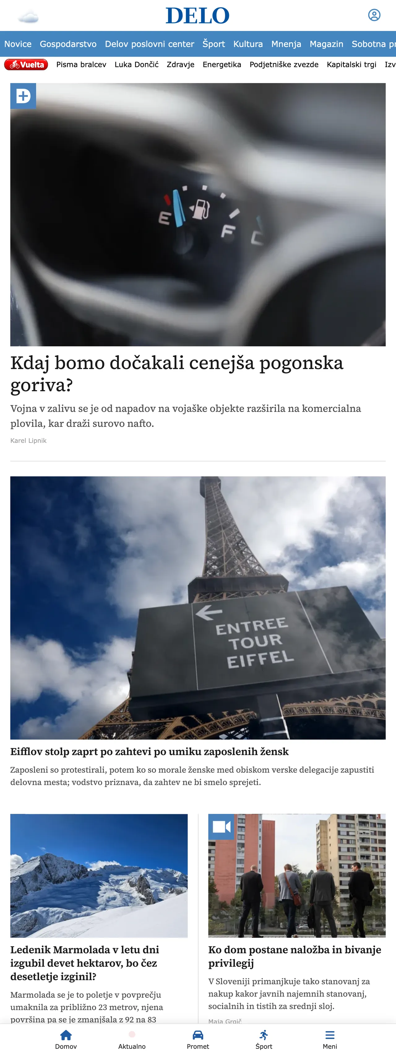Screenshot of the Delo front page