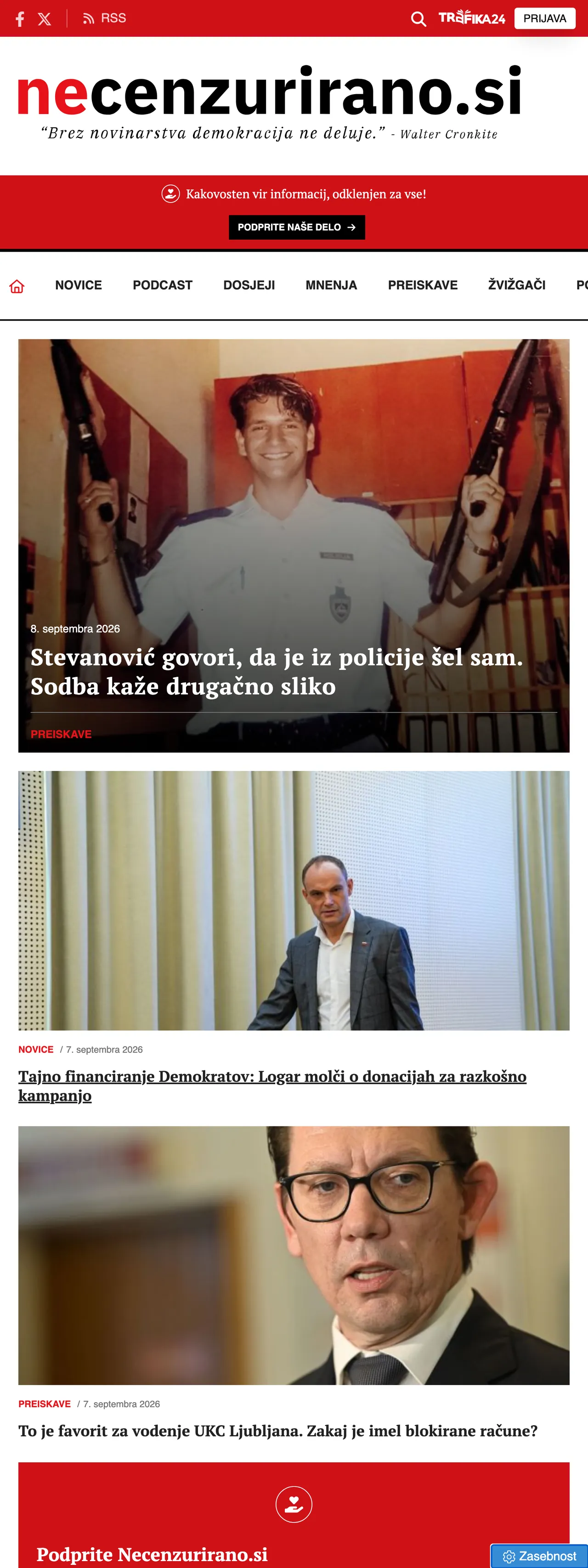 Screenshot of the Necenzurirano front page