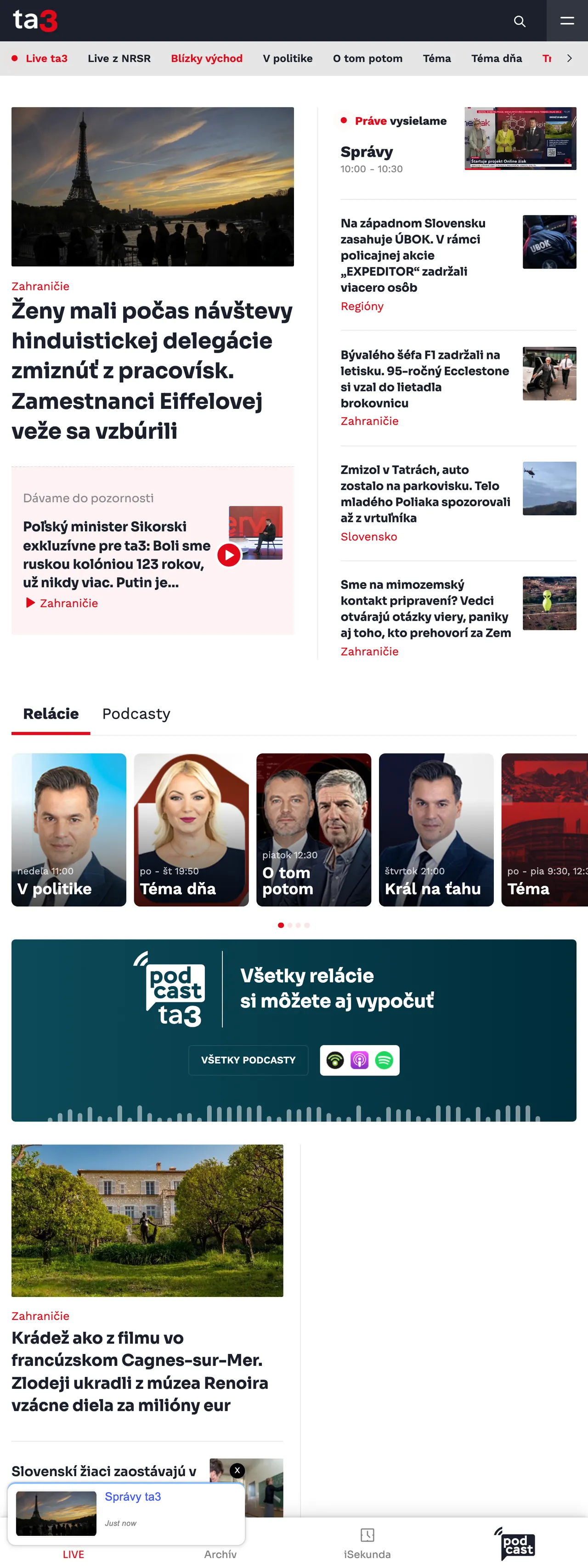 Screenshot of the TA3 front page