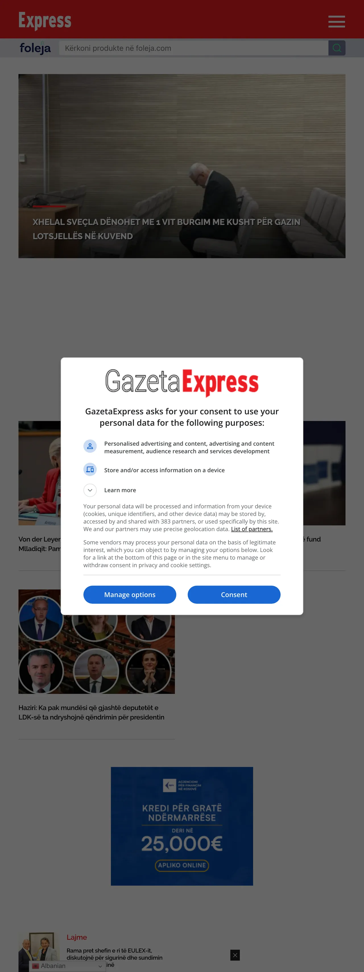 Screenshot of the Gazeta Express front page