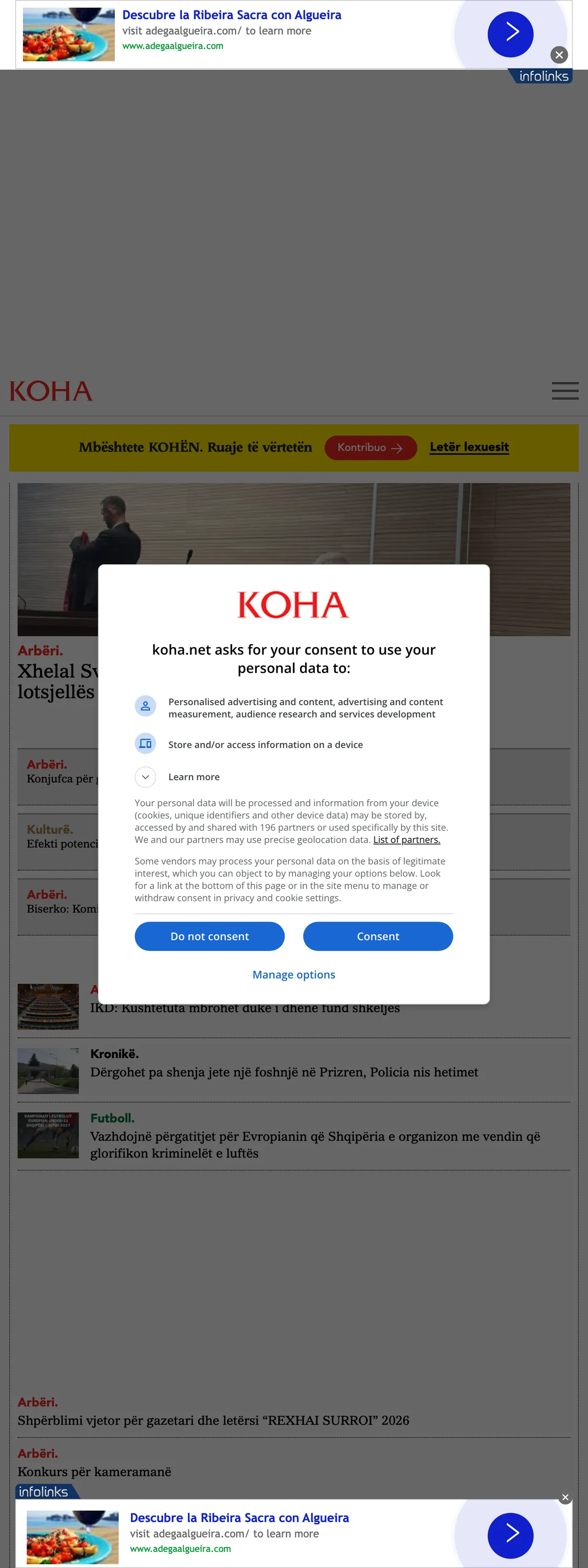 Screenshot of the Koha Ditore front page