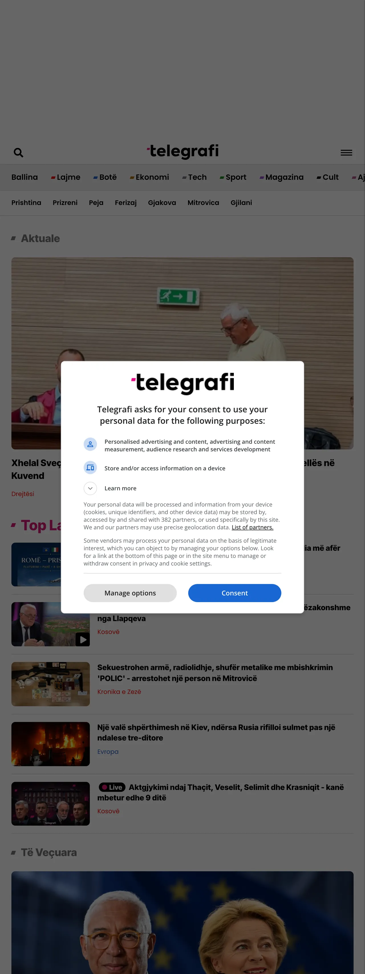 Screenshot of the Telegrafi front page