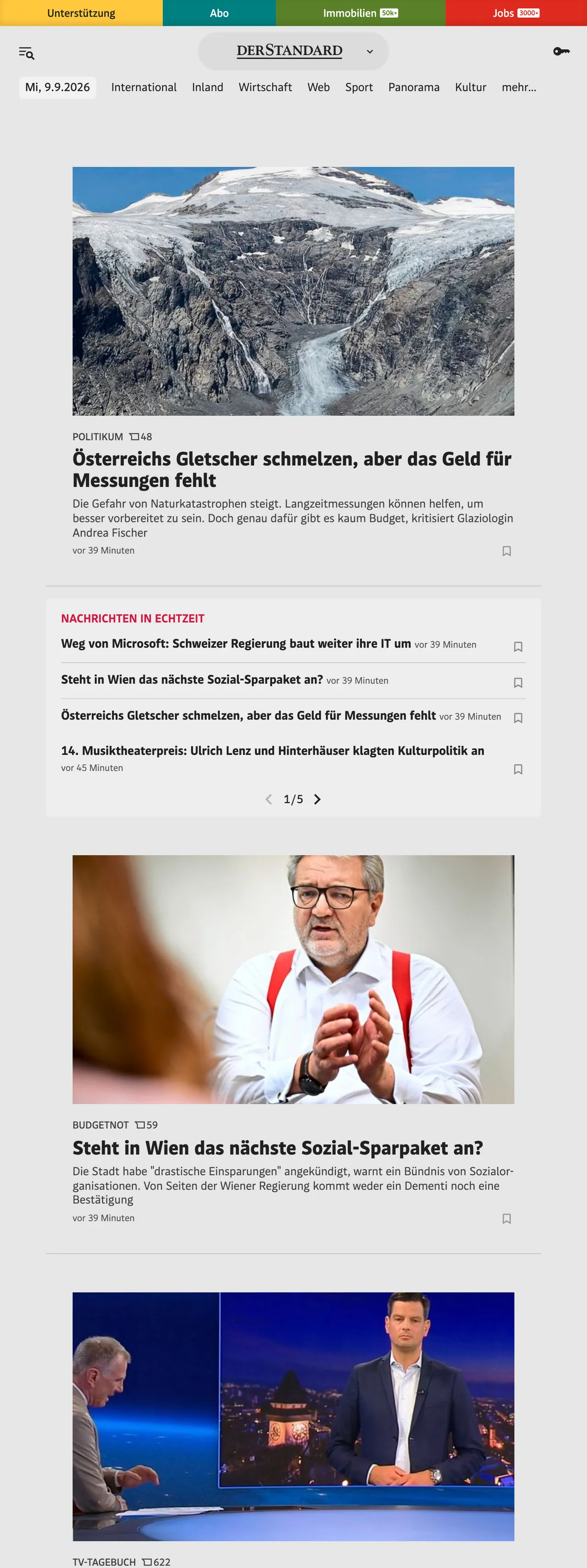 Screenshot of the DER STANDARD front page