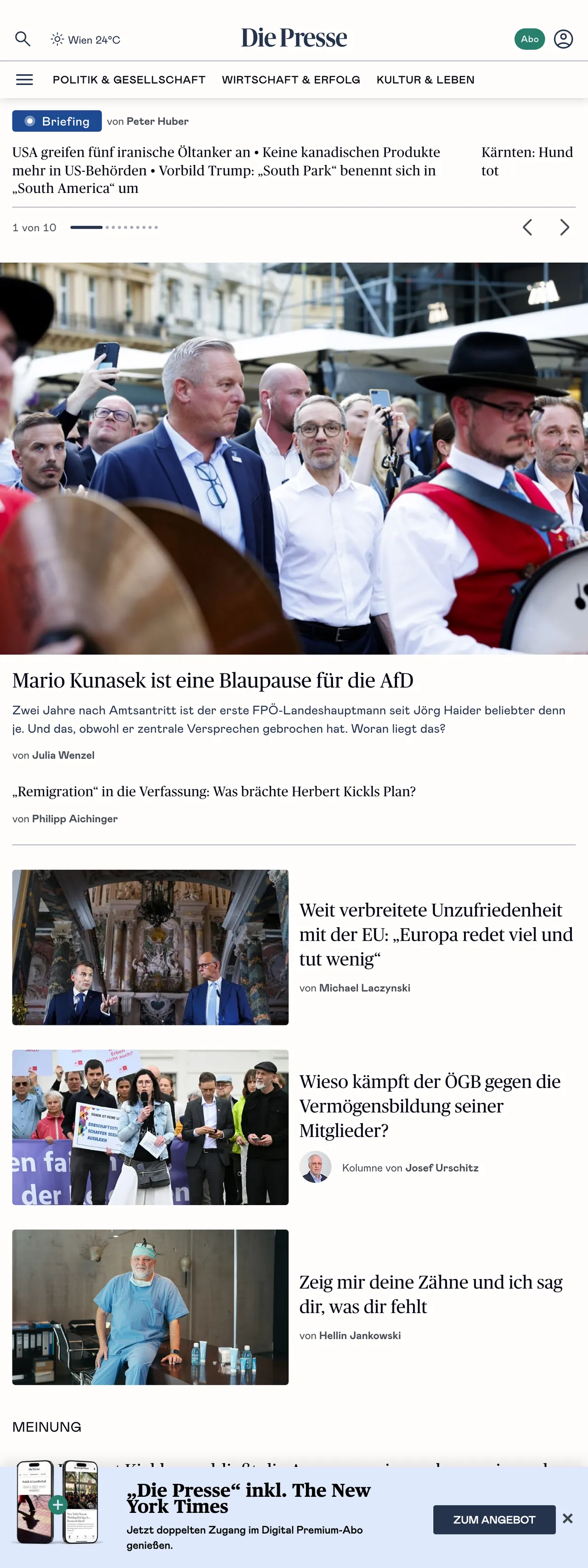 Screenshot of the Die Presse front page