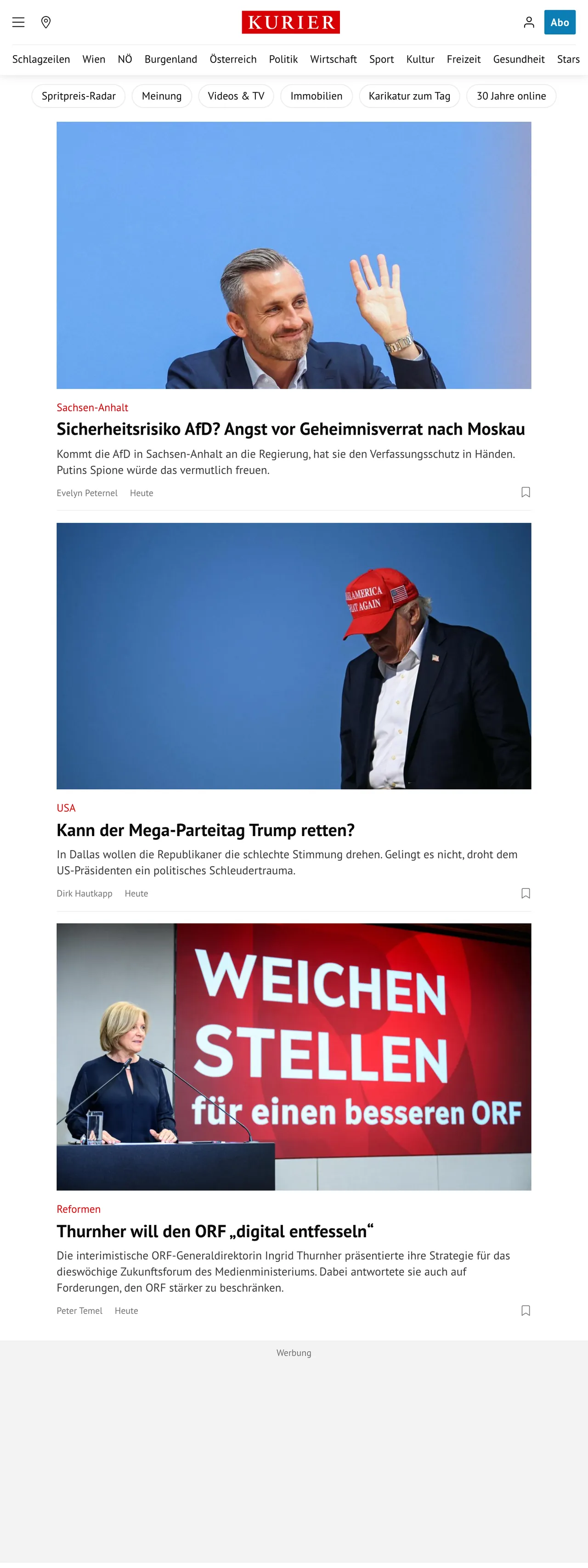 Screenshot of the Kurier front page