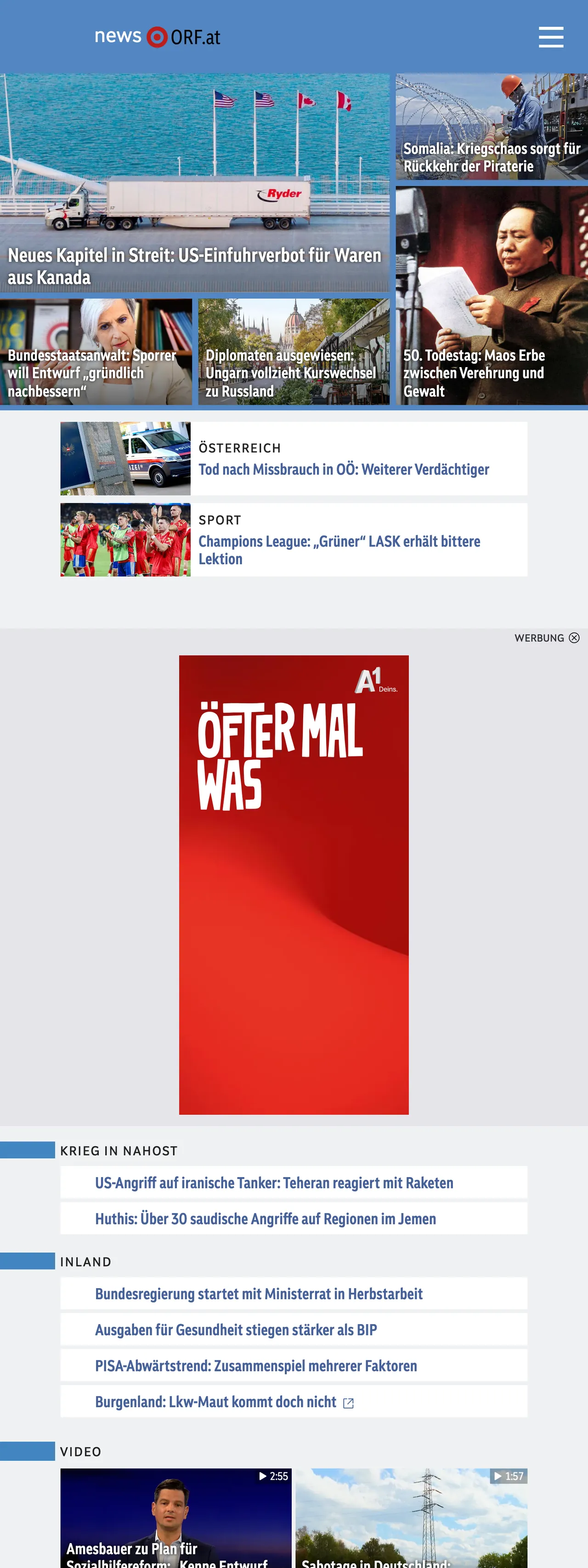 Screenshot of the ORF front page