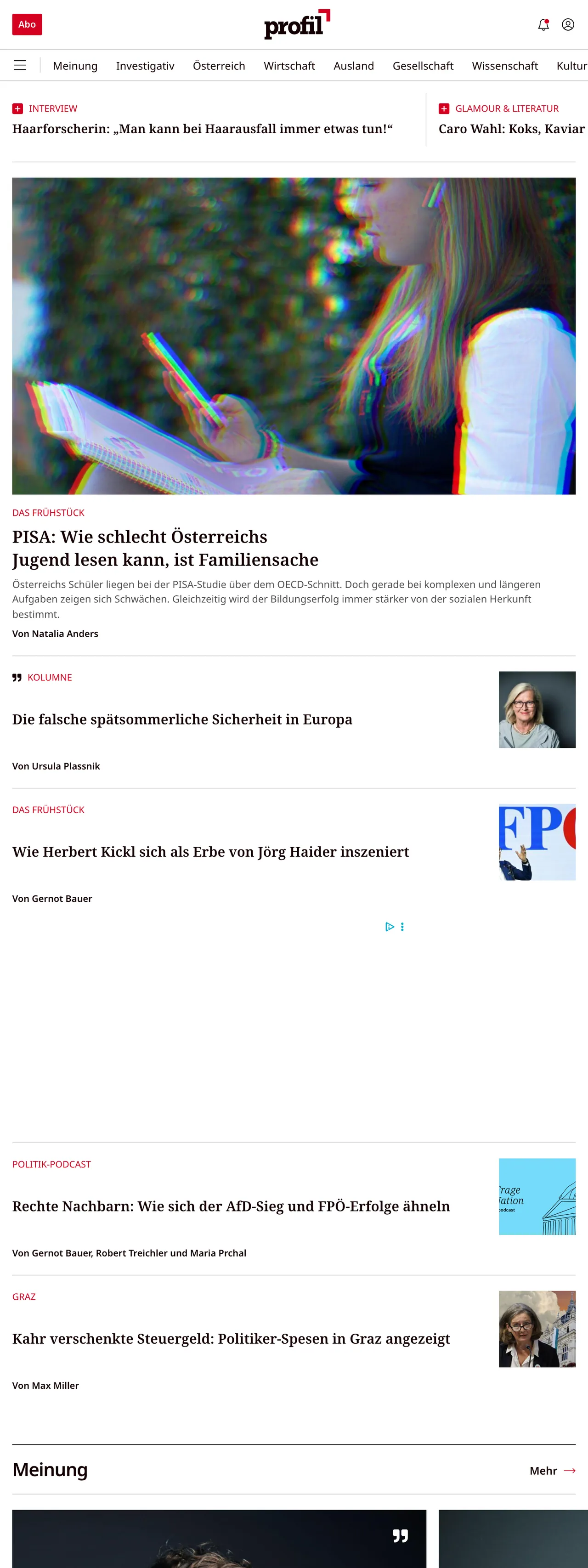 Screenshot of the profil front page