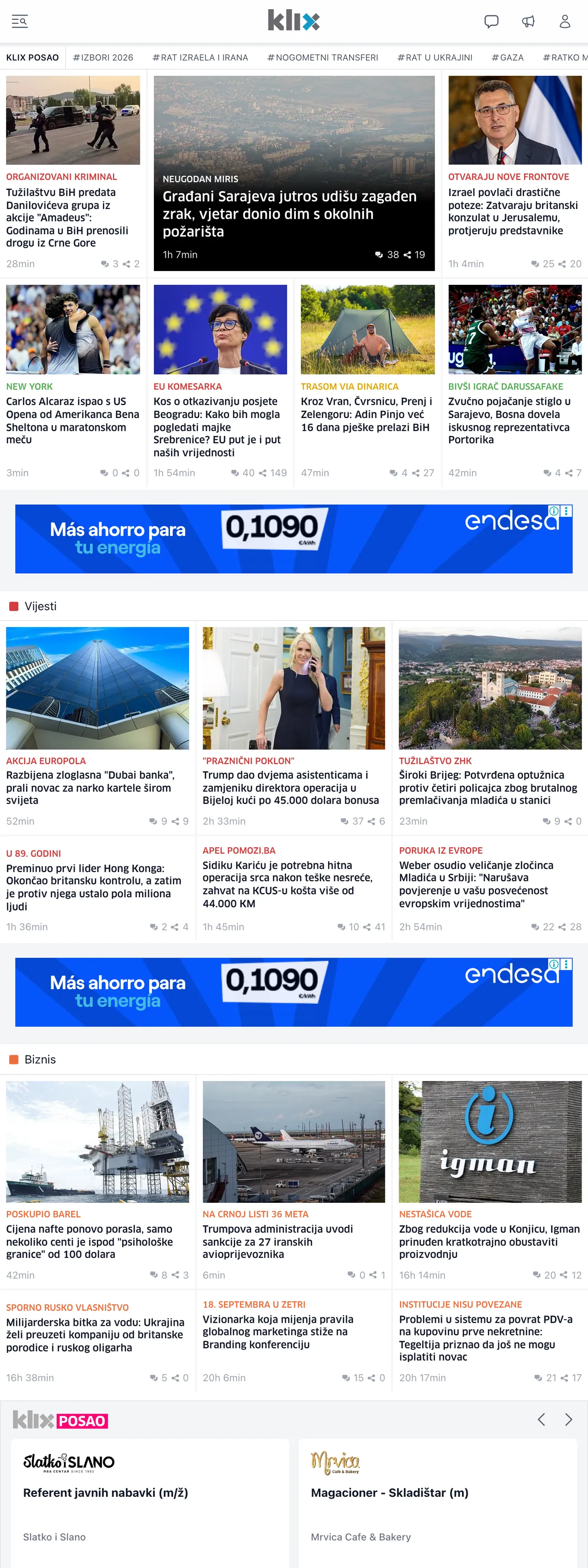 Screenshot of the Klix.ba front page