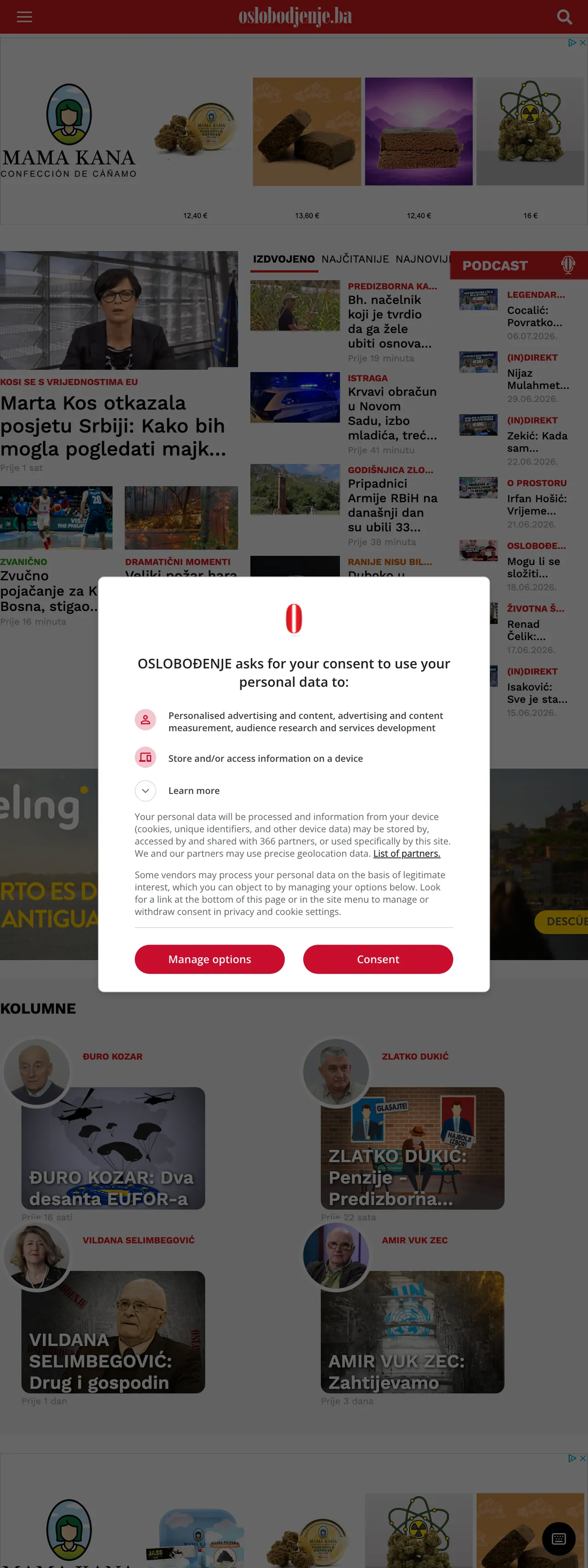 Screenshot of the Oslobođenje front page