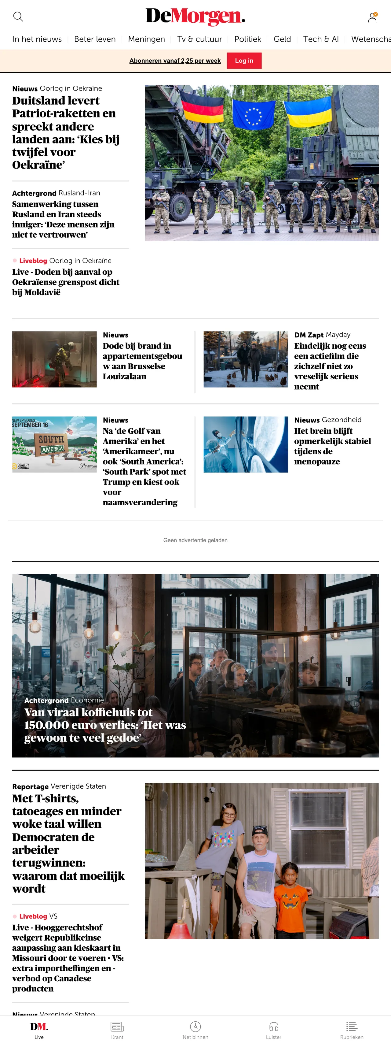Screenshot of the De Morgen front page