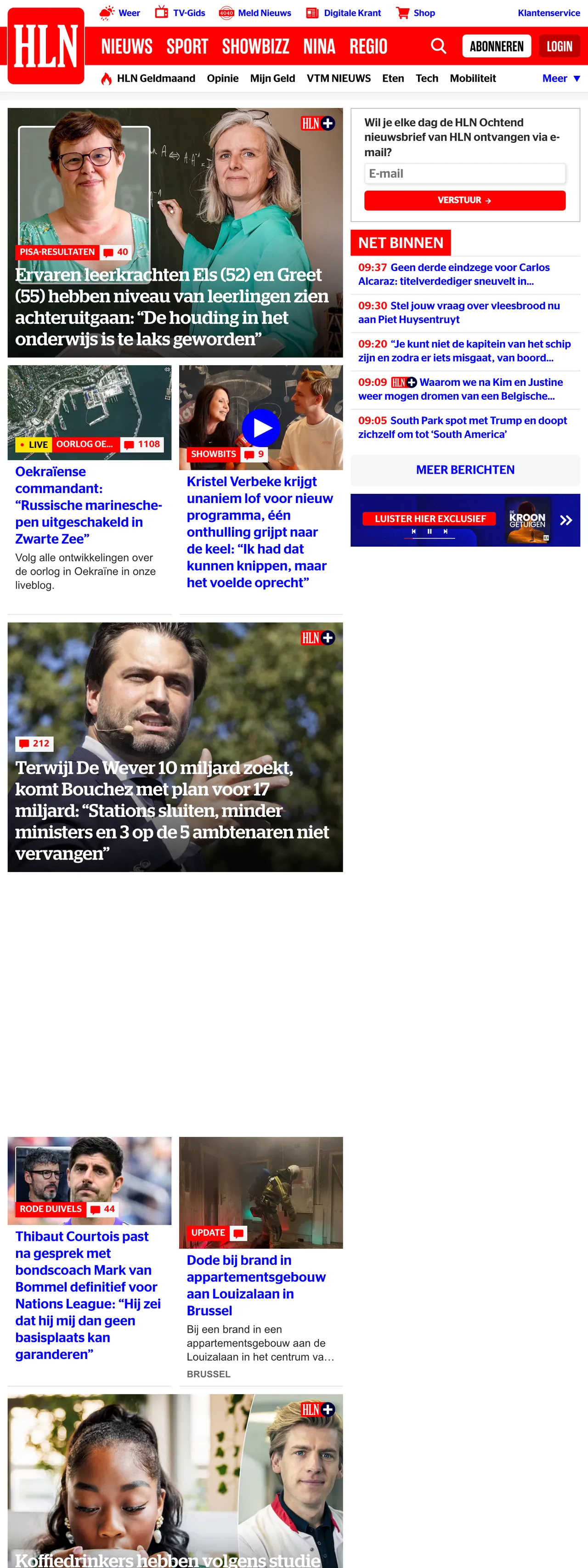 Screenshot of the HLN front page