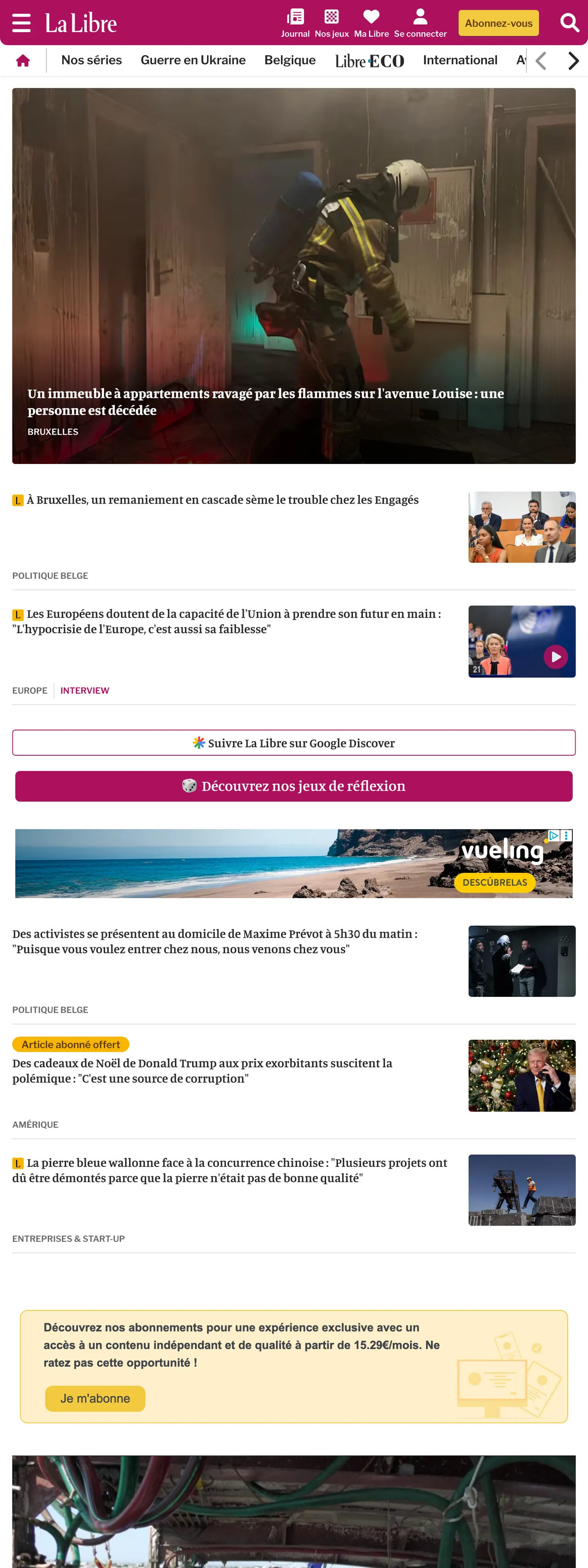 Screenshot of the La Libre front page