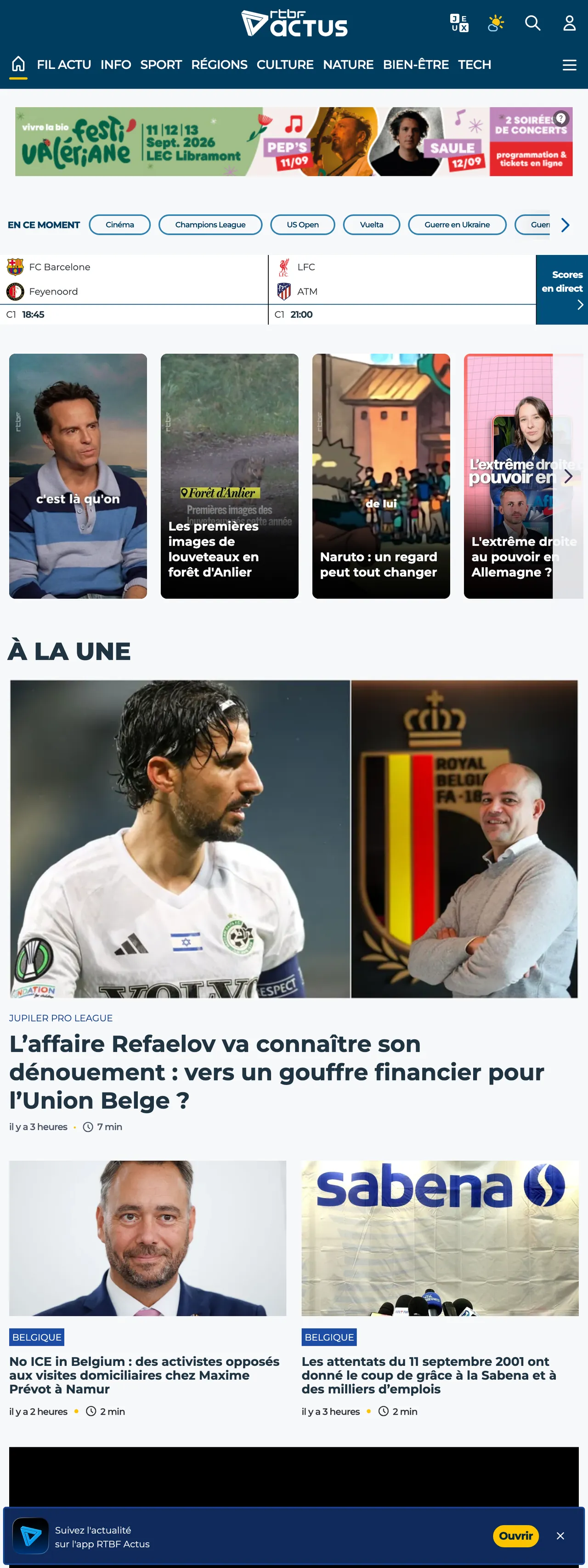 Screenshot of the RTBF front page