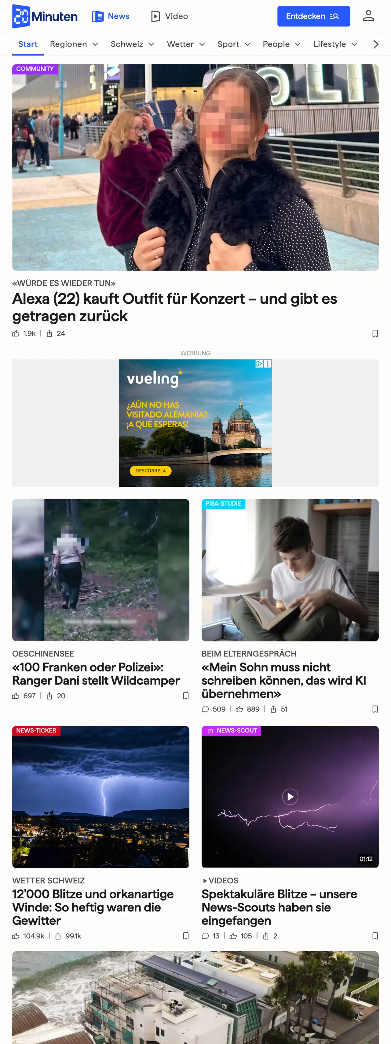Screenshot of the 20 Minuten front page
