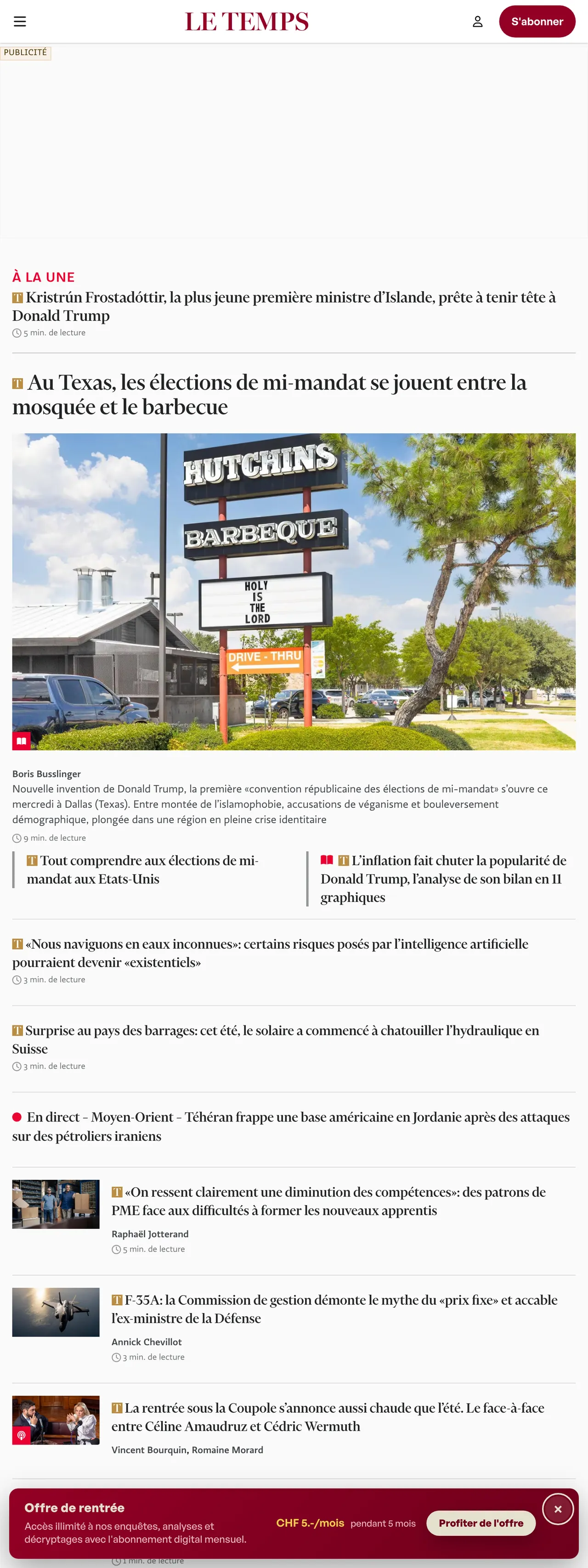 Screenshot of the Le Temps front page