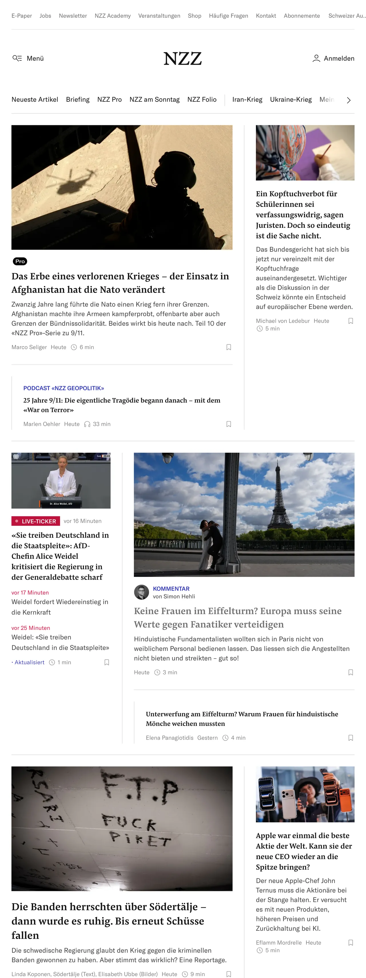 Screenshot of the Neue Zürcher Zeitung front page