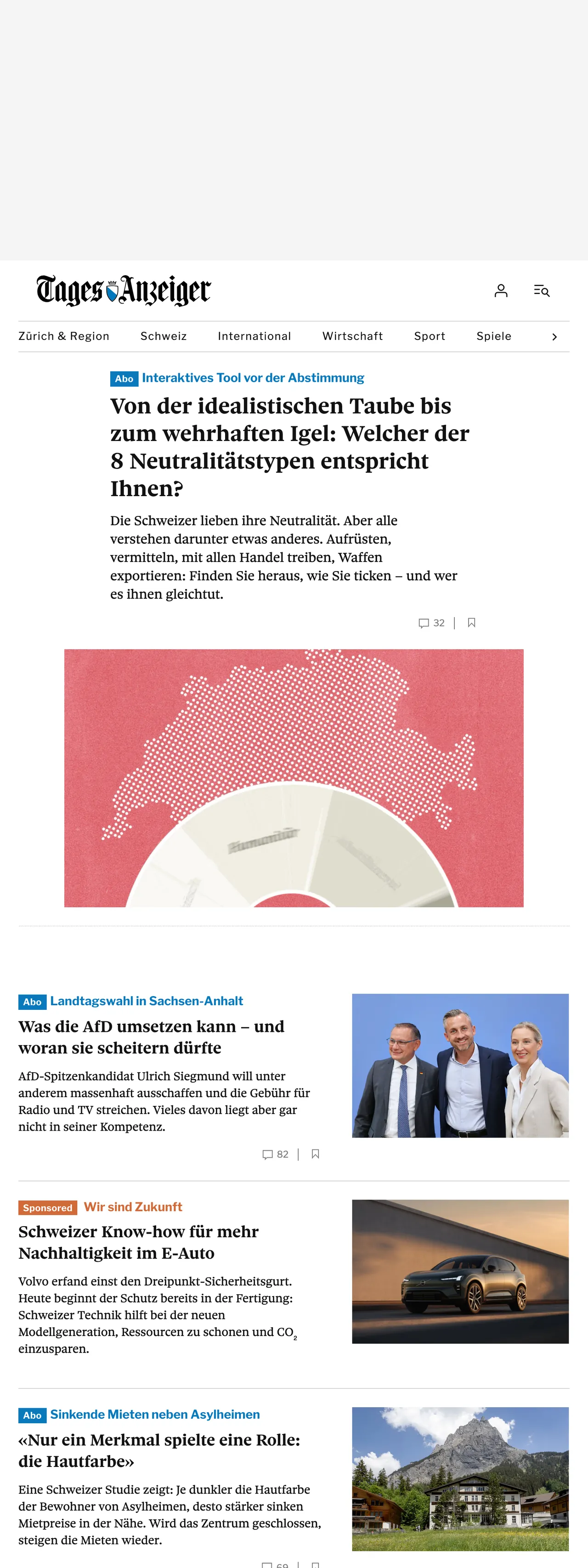 Screenshot of the Tages-Anzeiger front page