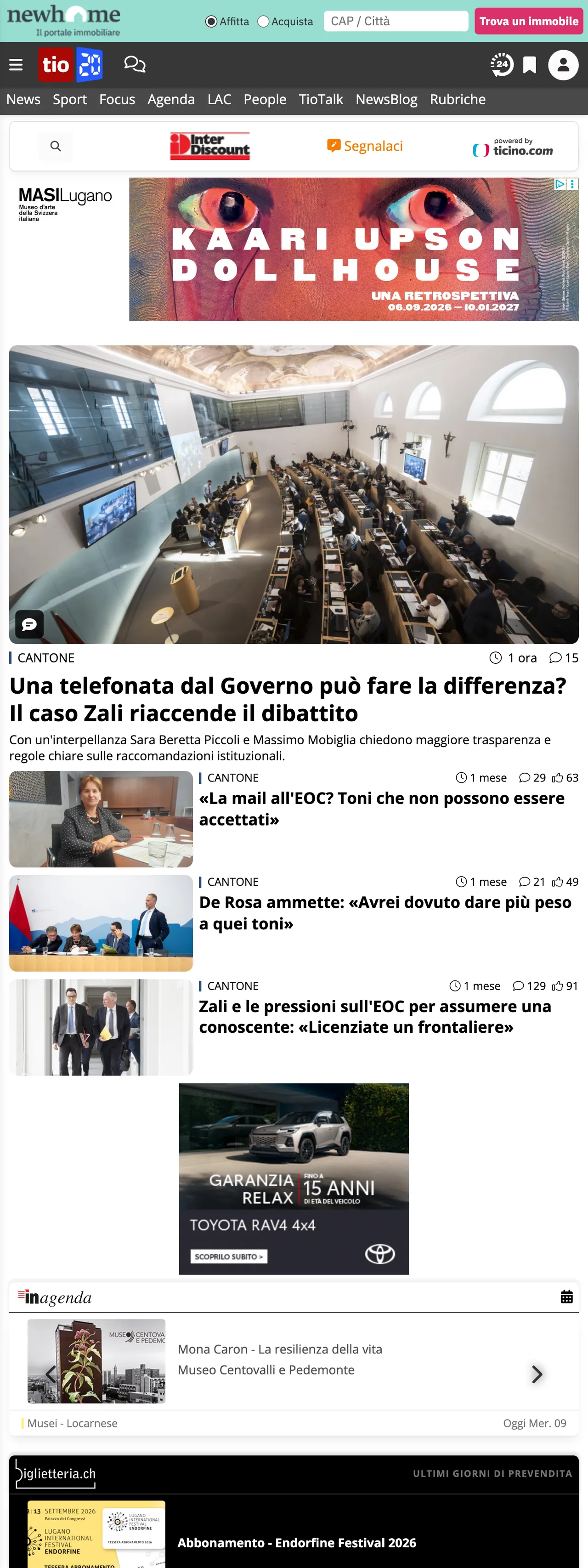 Screenshot of the Ticinonline front page