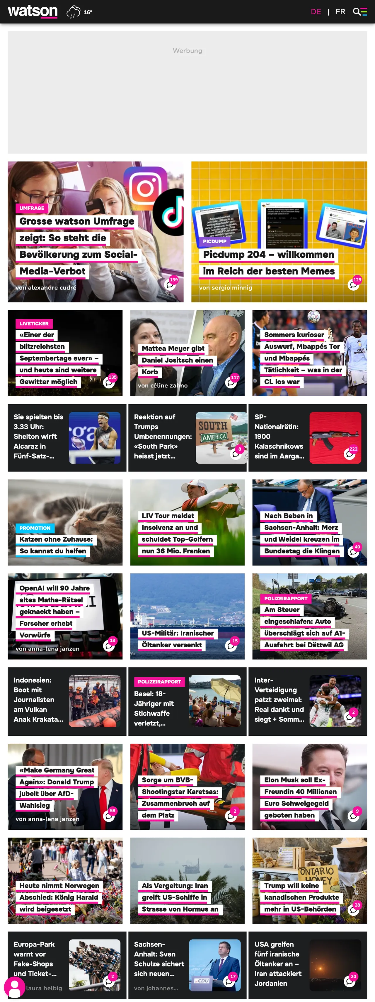 Screenshot of the watson front page