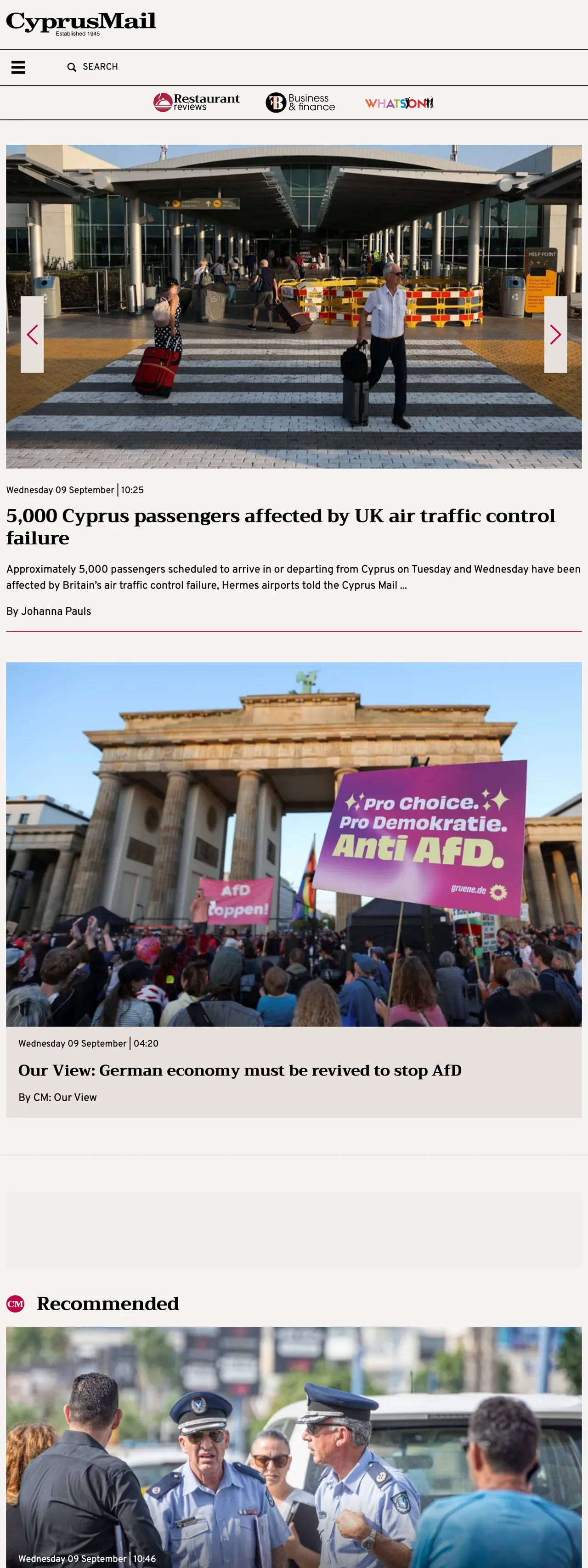 Screenshot of the Cyprus Mail front page